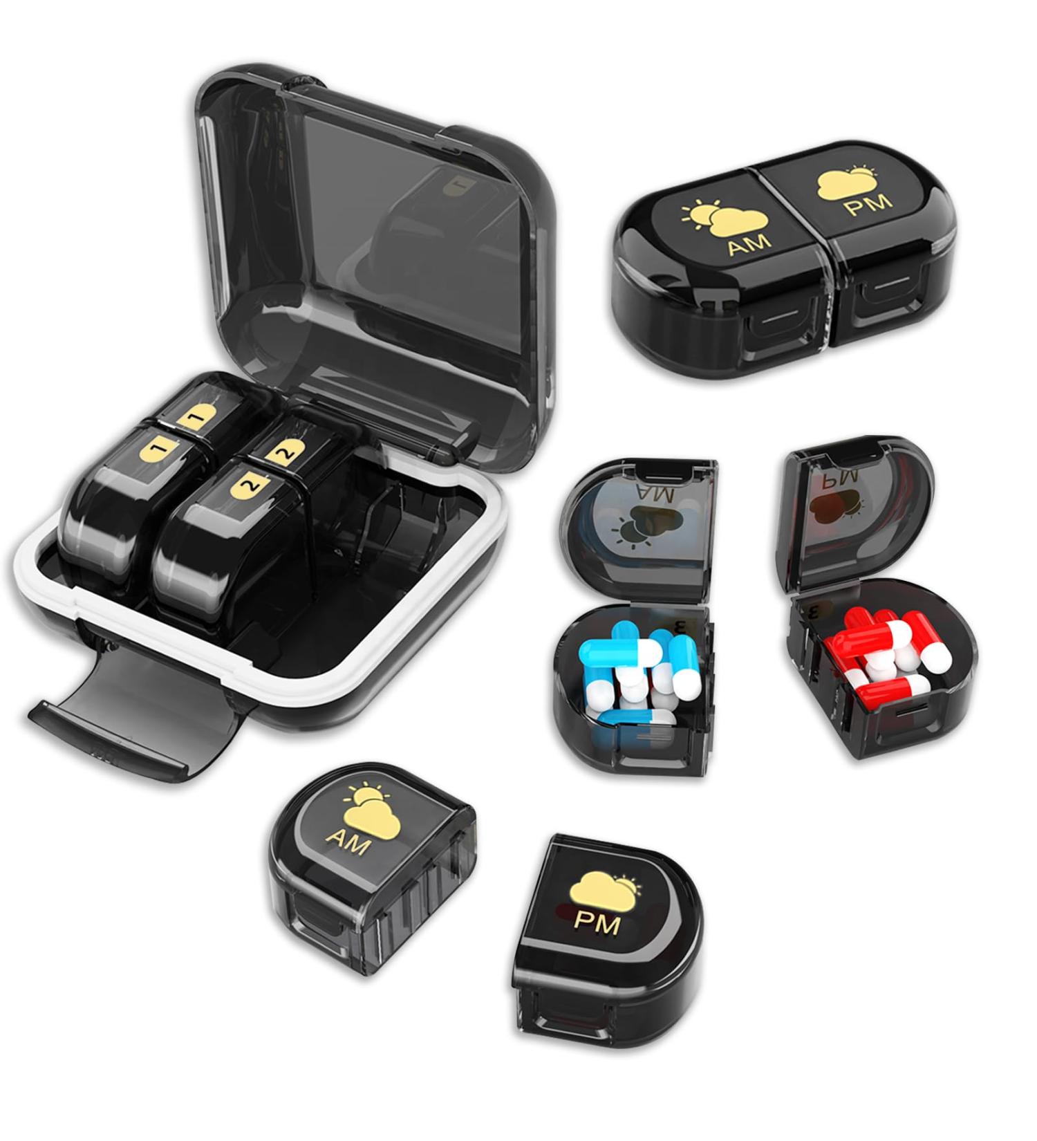 Portable 3-Day Travel Pill Organizer - Removable 2 Compartment AM PM Pill Box for Vitamins & Supplements | Black - Buy Online on GoSupps.com