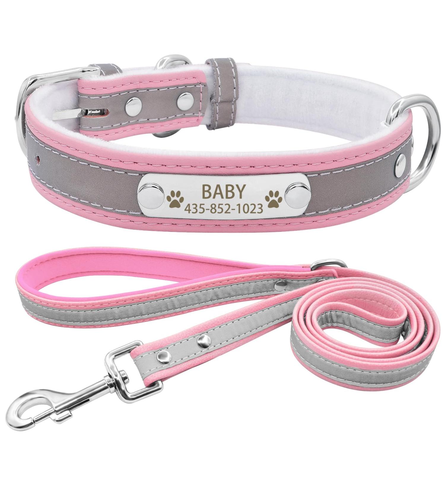 Senristar Personalized Reflective Dog Collar & Leash Set Custom Engraved Name Tag for Small Medium & Large Dogs & Cats Pink (L: 2.5 cm Width 34-45 cm Neck) - Buy Online on GoSupps.com