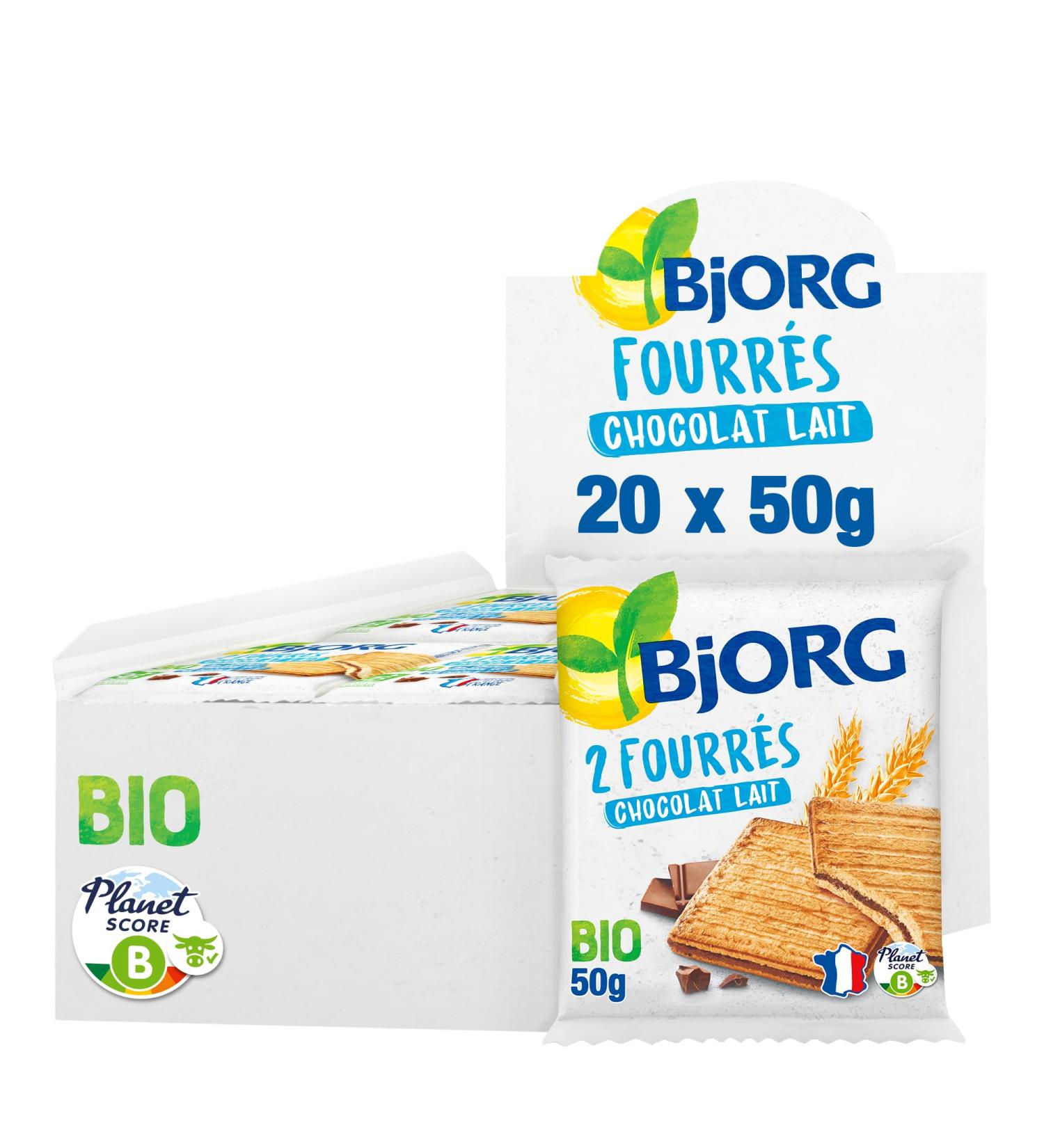 BJORG - Milk Chocolate Filled Cookies - Pouch Size - Organic Biscuits - Palm Oil Free - Made in France - 50g - Pack of 20 (Total 1kg) - Buy Online on GoSupps.com