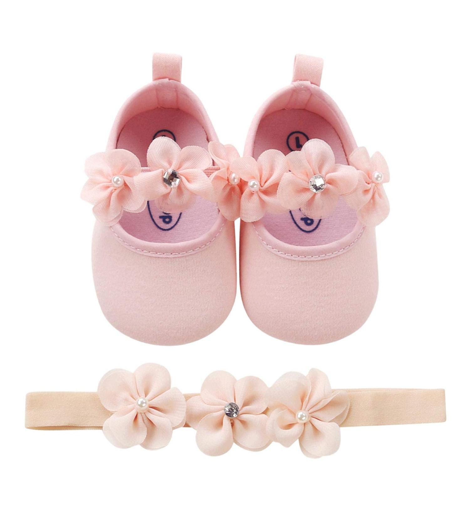 2 x Toddler Flower Girl Shoes + Headband | Non-Slip Soft Special Occasions Christening Wedding Party Shoes | Size 0-6 Months | Pink - Buy Online on GoSupps.com