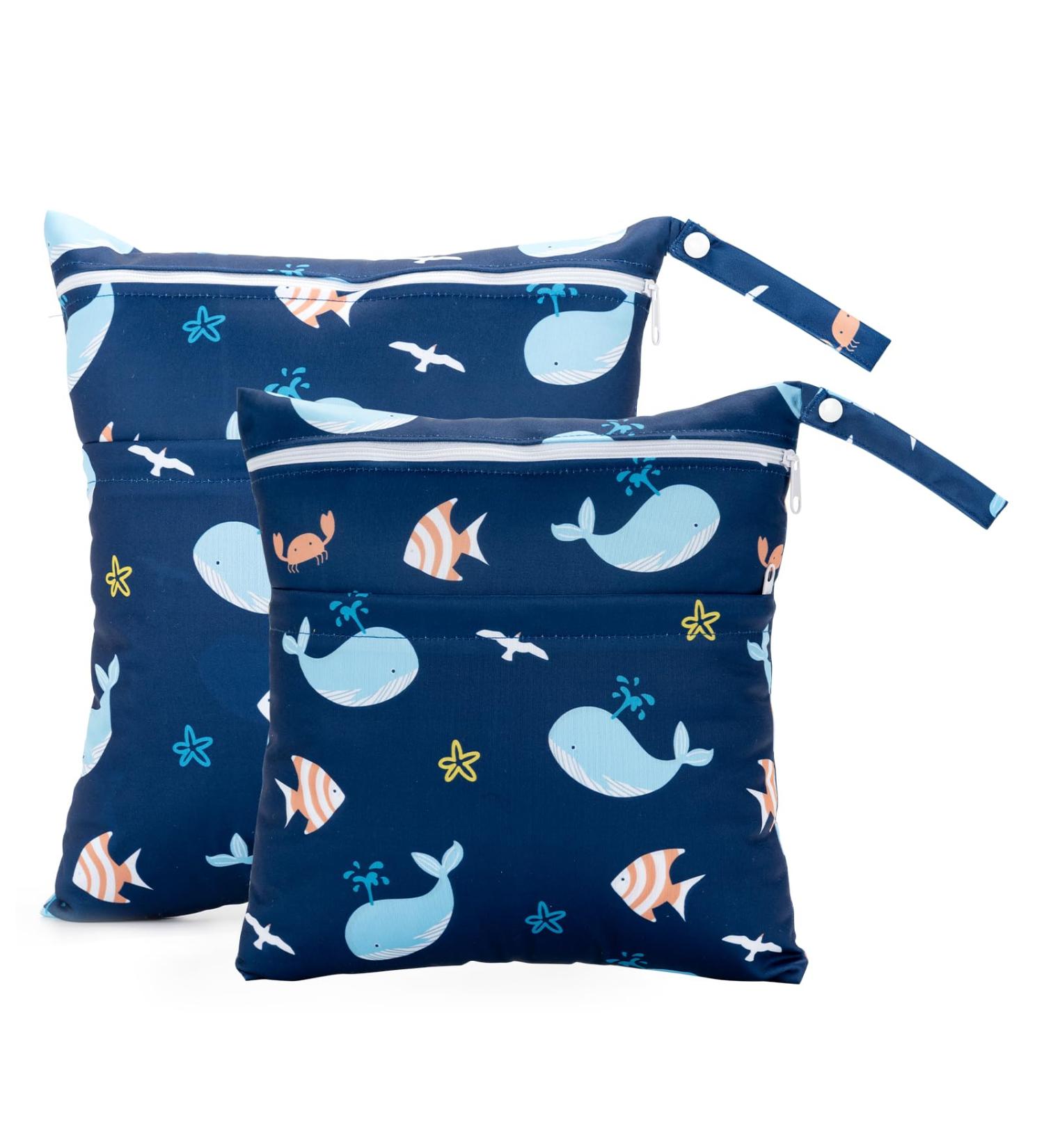 Pack of 2 Wet Bags for Kindergarten & Daycare - Organize Toddler Diapers Travel Gym Beach | Whales Design - Buy Online on GoSupps.com