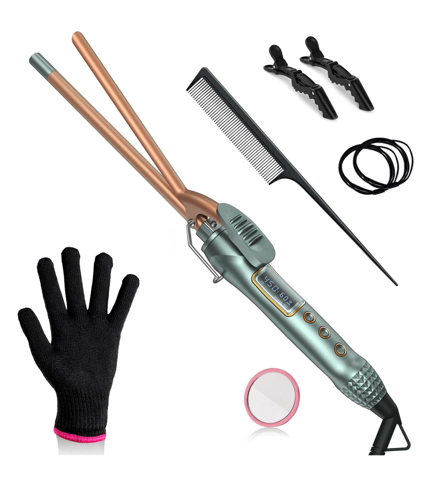 3/8 Inch Small Curling Iron - 9mm Tiny Wand for Medium & Long Hair | Adjustable Temp Ceramic Barrel Heat Resistant Glove | Mint Green 8-in-1 Gift Set - Buy Online on GoSupps.com