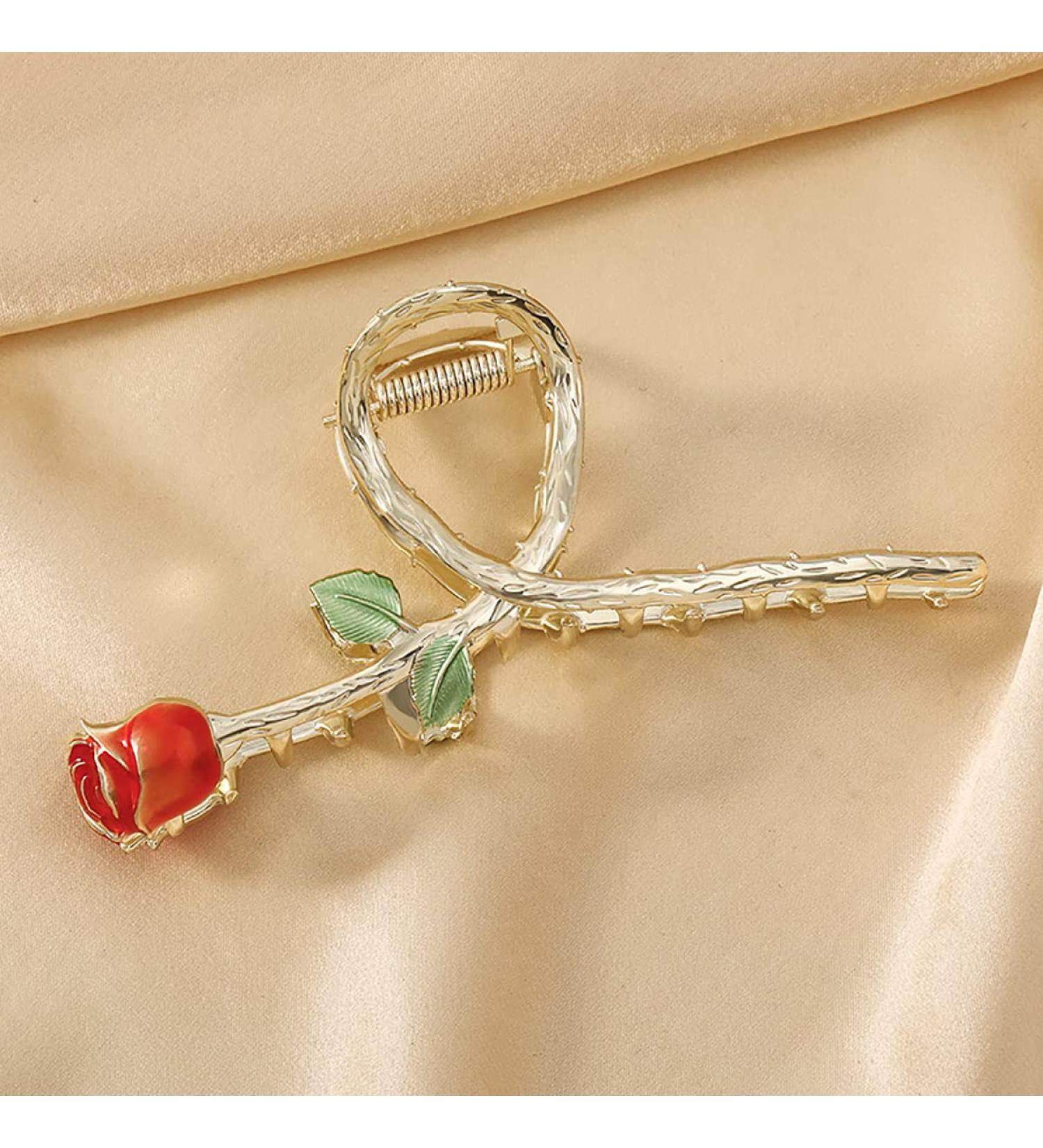 Red Rose Flower Hair Claw Clip - Non-Slip Large Metal Barrette for Thick Hair - Women's/Girls' Fashion Accessory - Buy Online on GoSupps.com