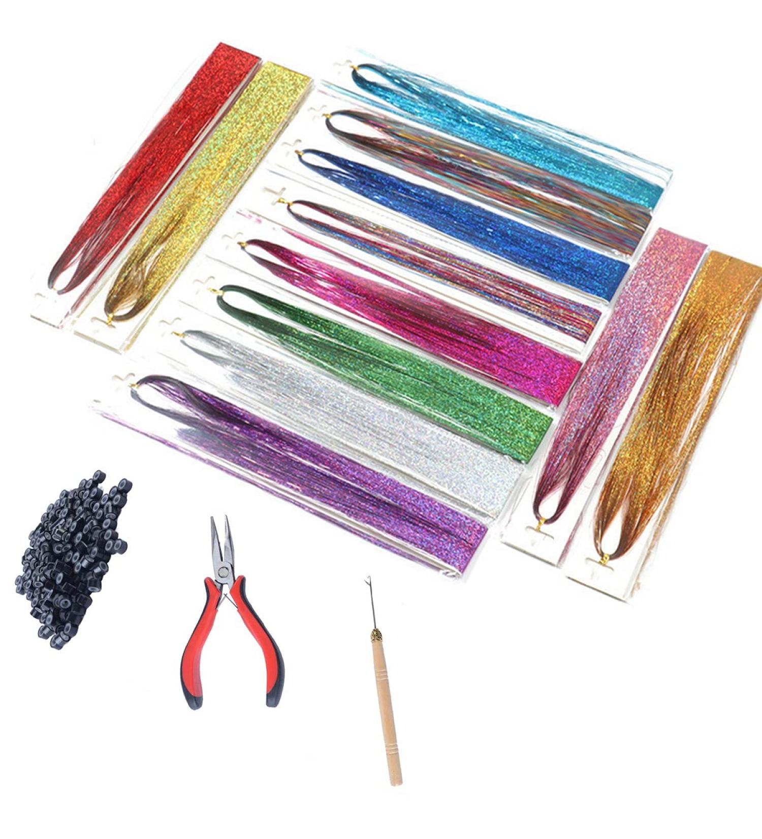 Glitter Hair Tinsel Extensions Kit - 12 Colors, 3200 Strands, 46inches - Fairy Hair Accessories - Buy Online on GoSupps.com