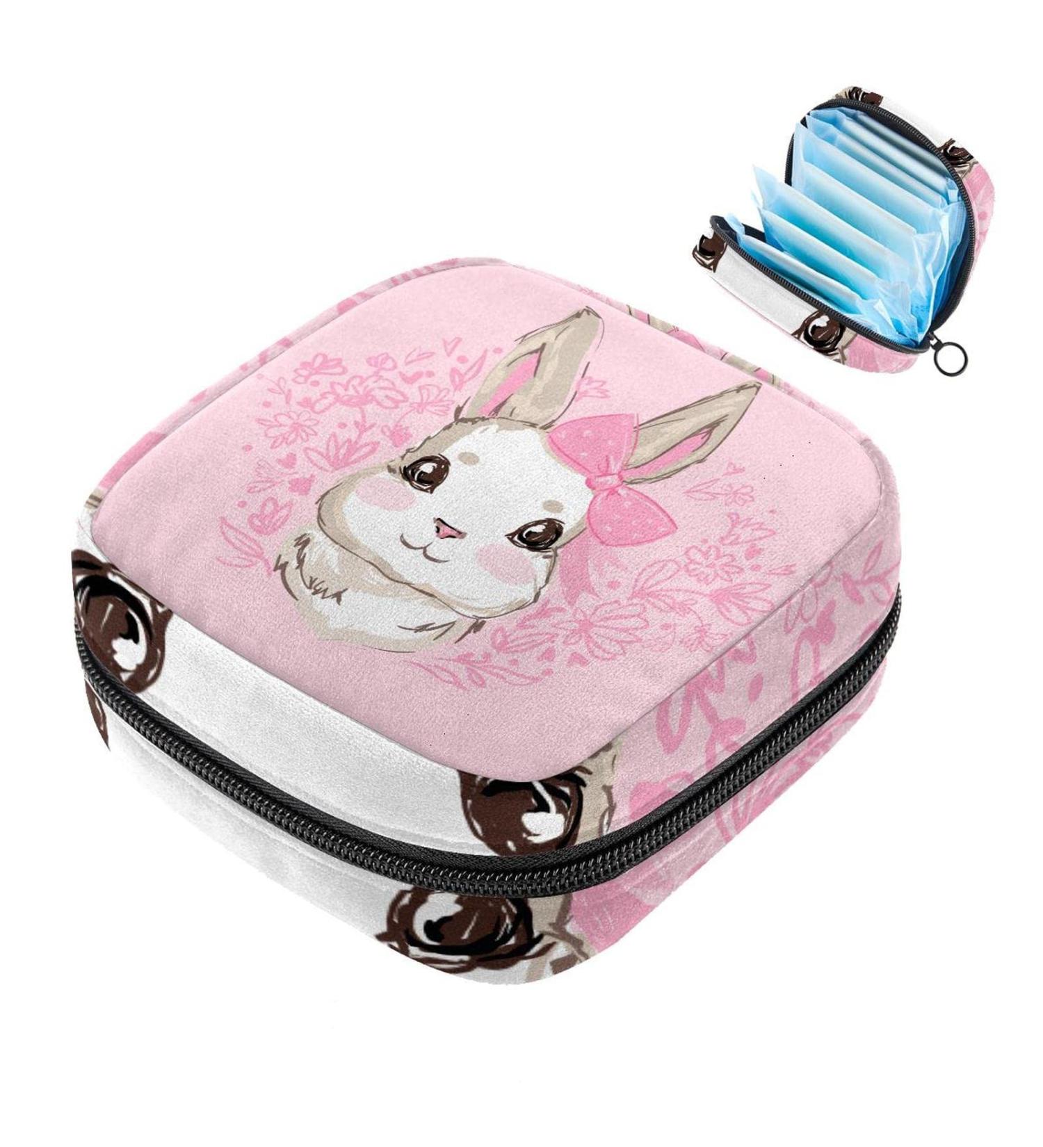 Stylish Menstruation Pad Bag for Women & Girls | Zippered Tampon & Napkin Storage with Hand-Drawn Rabbits - Pink Feeder Design - Buy Online on GoSupps.com