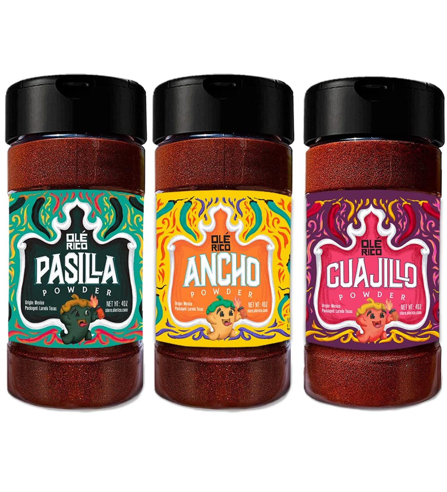 OL RICO Chile Powder 3 Pack Bundle - Guajillo, Ancho, and Pasilla Chili Powder Trio in Reusable Shakers (12 oz Total) - Authentic Mexican Spice Collection - Buy Online on GoSupps.com