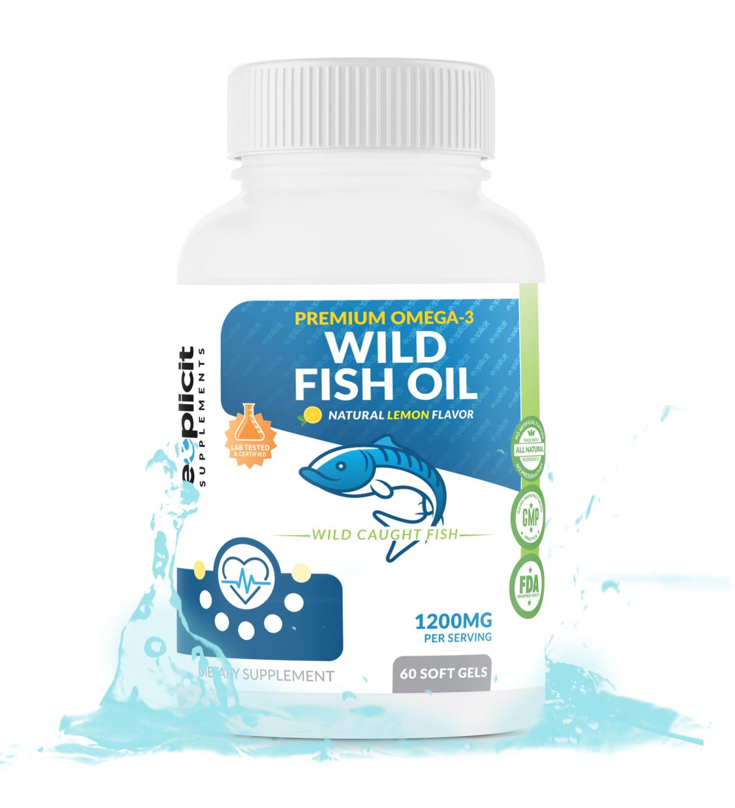 Wild Fish Oil Omega 3 - EPA/DHA - Burpless Lemon Flavored Non-GMO Gluten & Soy Free 1200mg per Serving 60 Servings 60 Capsules - Buy Online on GoSupps.com