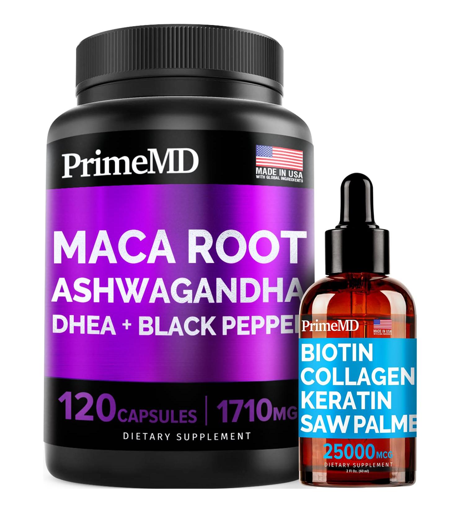 4-in-1 Liquid Biotin Collagen Keratin Saw Palmetto Drops (2 fl oz - 1 Pack) & 6-in-1 Maca Root Ashwagandha w Black Pepper Fruit (120ct) Bundle - Hair Skin Nails Energy & Mood Support Supplement - Buy Online on GoSupps.com