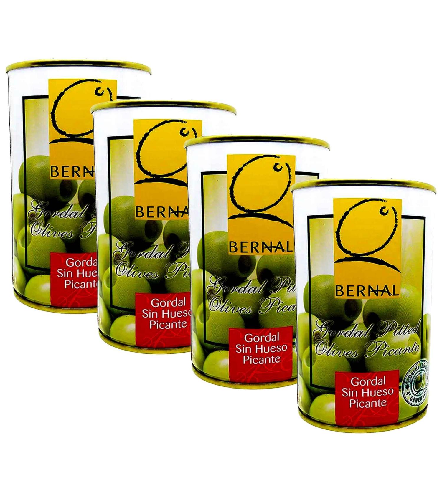 Bernal 4 x350g tins (4 x 150 Grams Drained ) Spanish Green Pitted Gordal Olives Picante Spicy