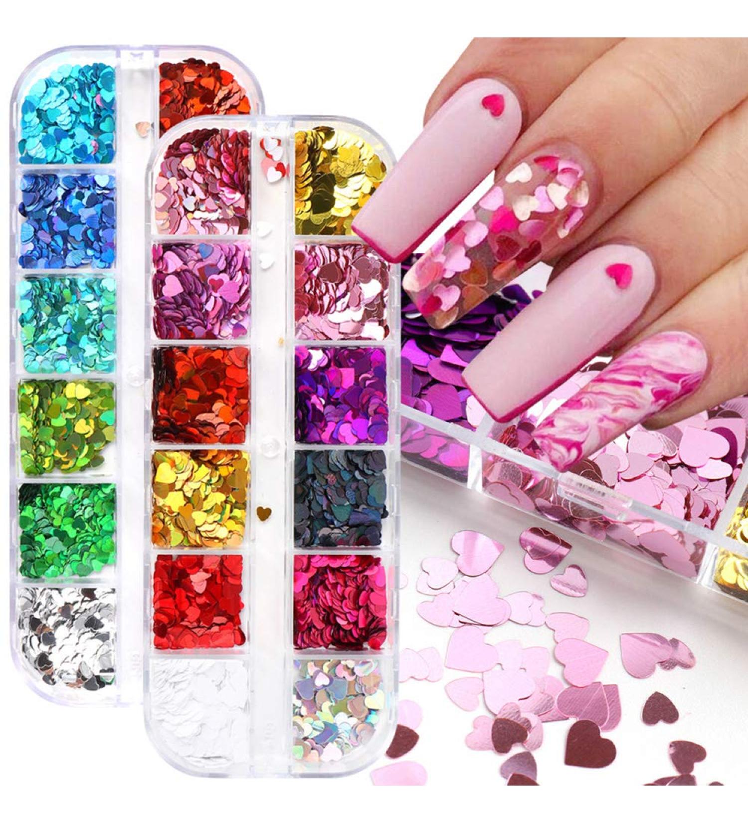 24 Colors Heart Nail Glitter Sequins Set - Holographic 3D Laser Confetti for Acrylic Nail Art - Buy Online on GoSupps.com