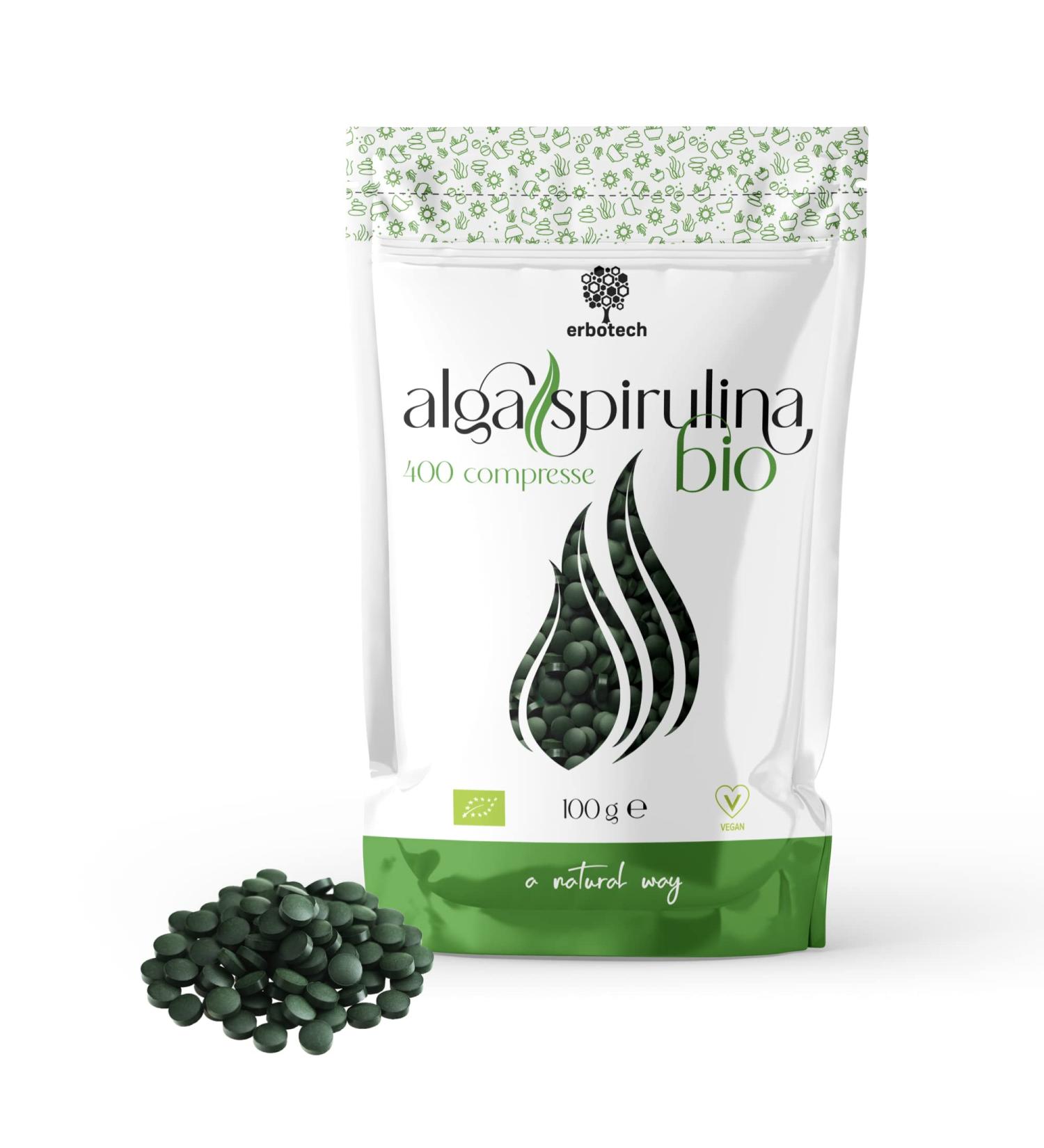 ERBOTECH Spirulina Tablets 100g Pack Approximately 400 Capsules 100% Pure and Vegan Seaweed Energy Source High in Protein Vitamins Magnesium Strengthens the Immune System - Buy Online on GoSupps.com