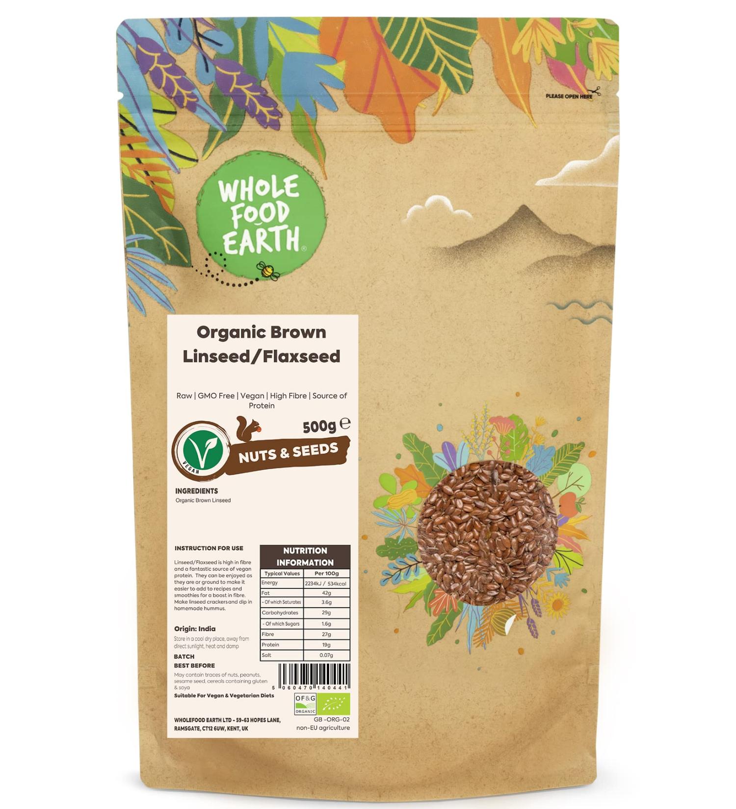 Wholefood Earth Organic Brown Linseed/Flaxseed 500g | Raw | GMO Free | Vegan | High Fibre | Source of Protein | Certified Organic Earthy 500g - Buy Online on GoSupps.com