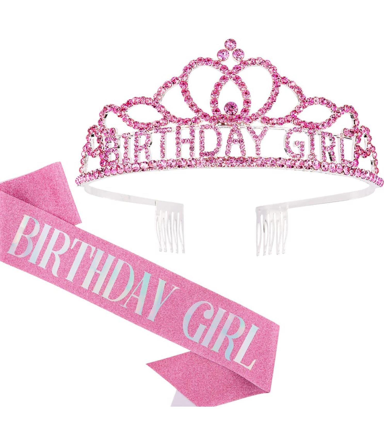 Birthday Princess Set: Crown, Sash, Tiara & Headband in Pink - Rhinestone Happy Birthday Accessories for Women - Buy Online on GoSupps.com