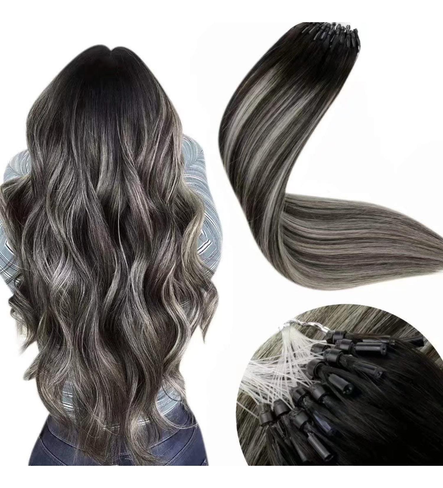 LAAVOO Real Hair Microring Extensions - Black Balayage Silver 40cm | Cold Fusion Remy Hair Extensions | Ombre Micro Ring 50g - Buy Online on GoSupps.com