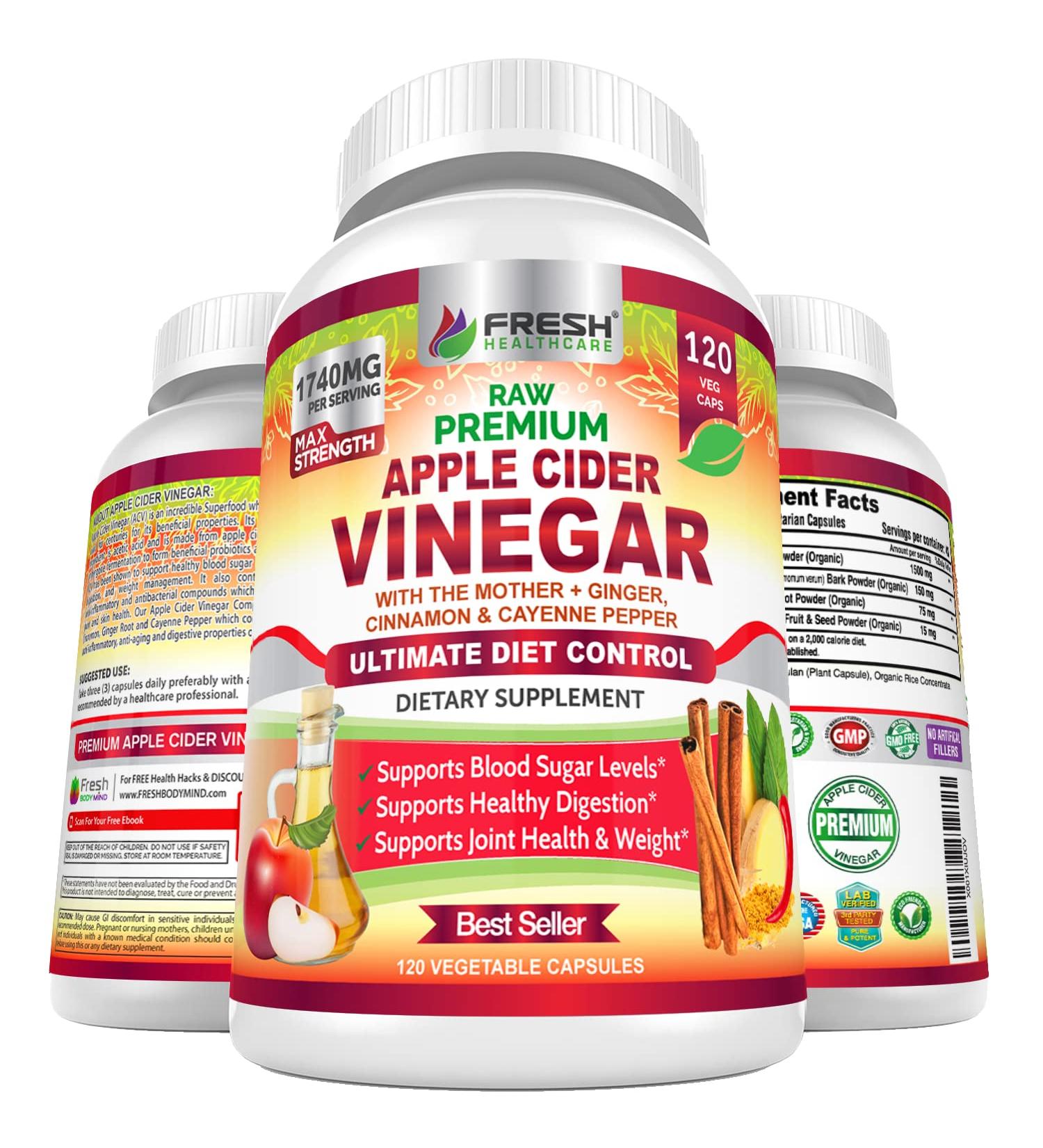 Premium Apple Cider Vinegar Capsules 1740mg with Mother - Natural & Raw with Cinnamon, Ginger & Cayenne - 120 Vegan Pills for Detox & Digestion - Buy Online on GoSupps.com