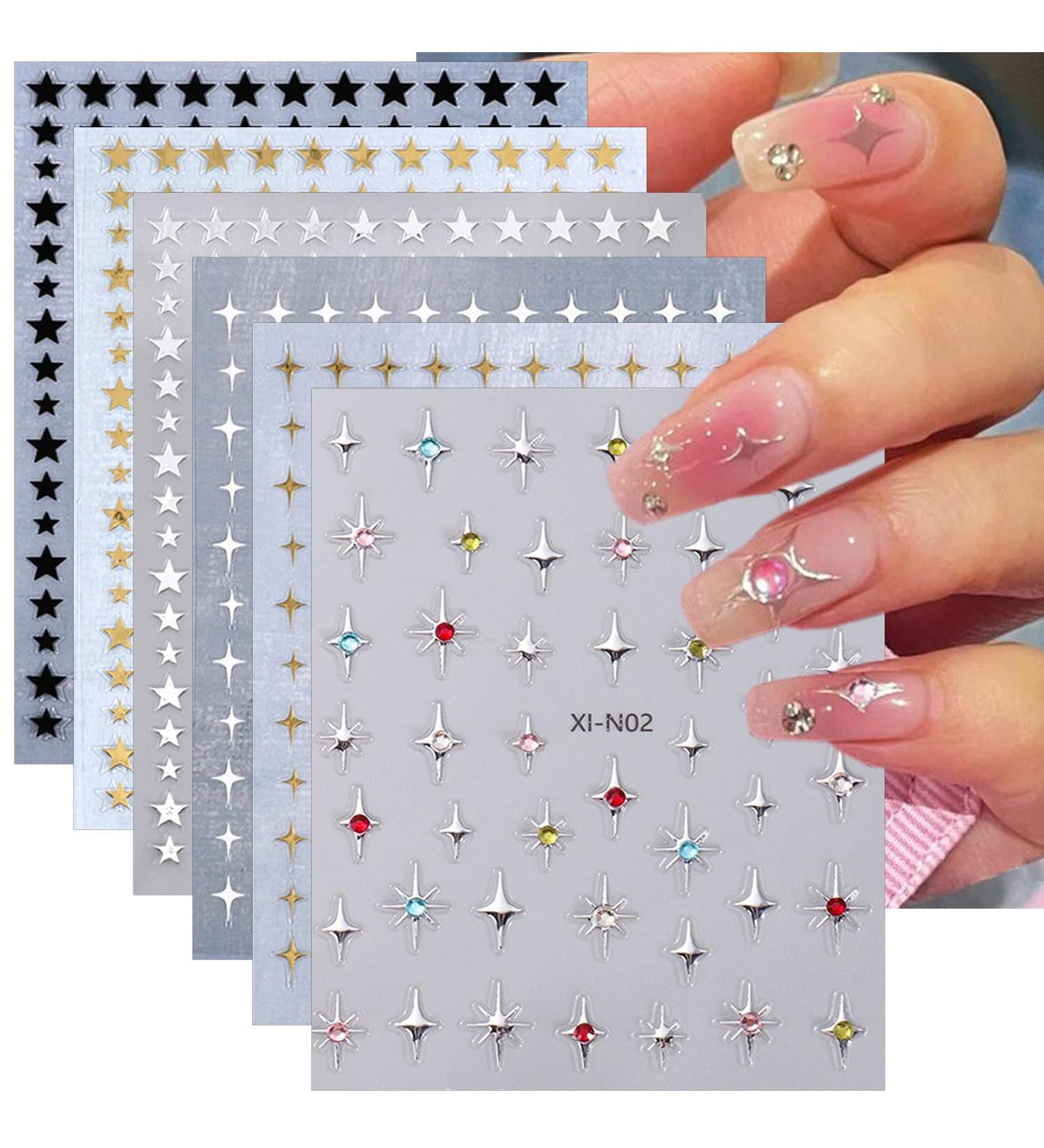 3D Star Nail Art Stickers - 6 Sheets of Shiny Gold Silver White & Black Decals for DIY Manicure | Acrylic Nail Charms & Glitter Nail Tips - Buy Online on GoSupps.com