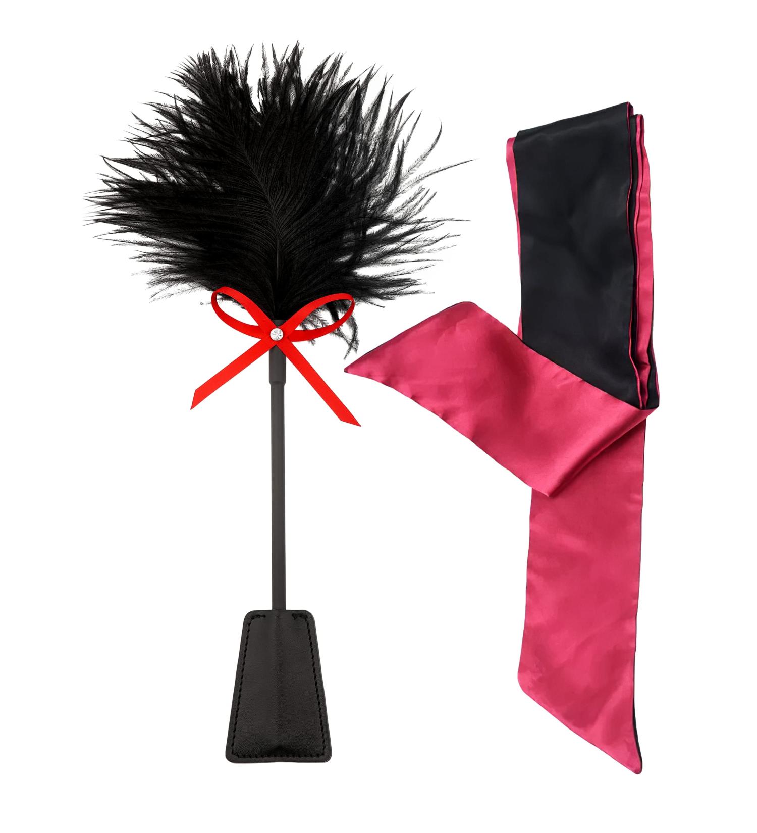 Feather Tickler Blindfold Eye Mask Set with French Tickler - Black Whip & Eye Satin Mask - Buy Online on GoSupps.com
