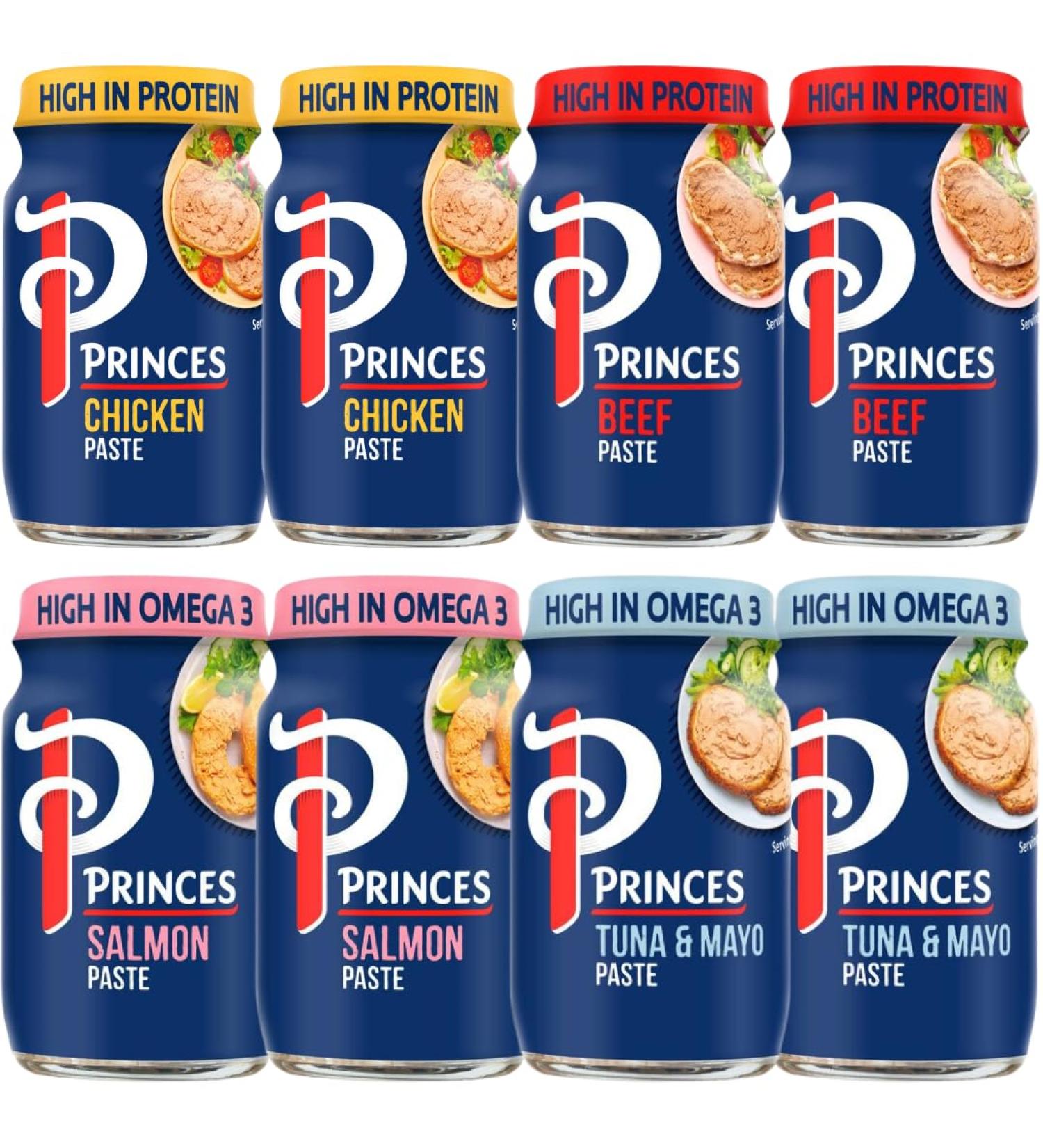 Sandwich Spread Bundle with Princes Chicken Paste 75g x2 Beef Paste 75g x2 Salmon Paste 75g x2 and Tuna & Mayonnaise Paste 75g x2 (8 Pack) - Buy Online on GoSupps.com