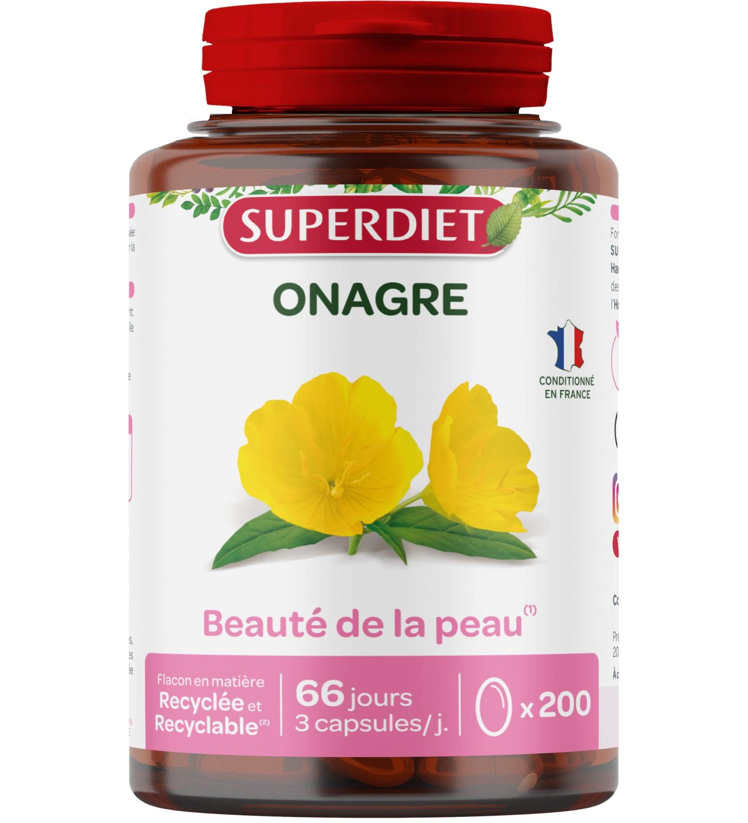 SUPERDIET Evening primrose oil Skin beauty Herbal medicine Packaged in France 200 capsules - Buy Online on GoSupps.com