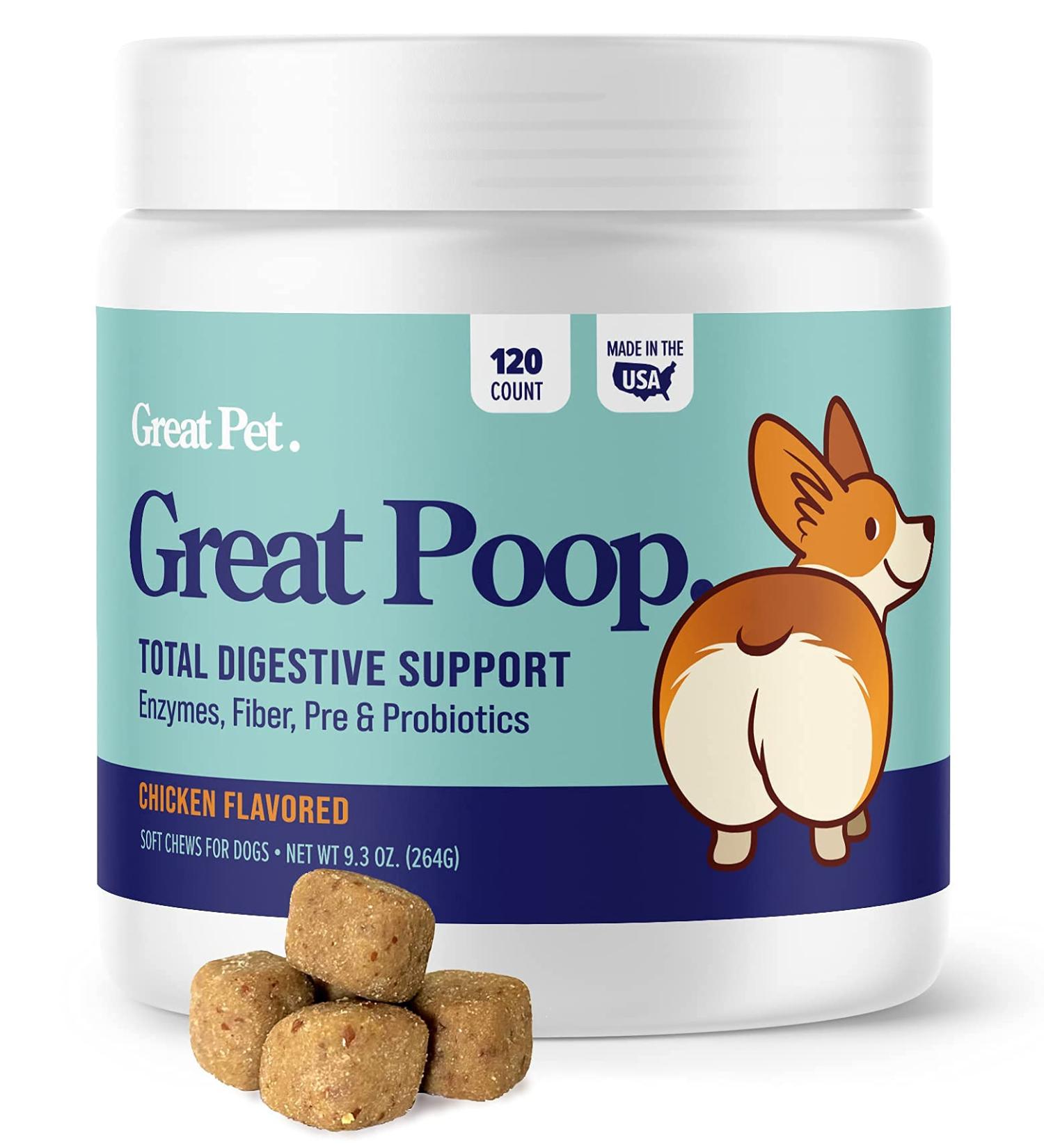 Great Poop Probiotics for Dogs - Fiber Supplement & Digestive Enzymes Chews for Healthy Gut & Firm Stool - Chicken Flavor - 120 Ct - Buy Online on GoSupps.com