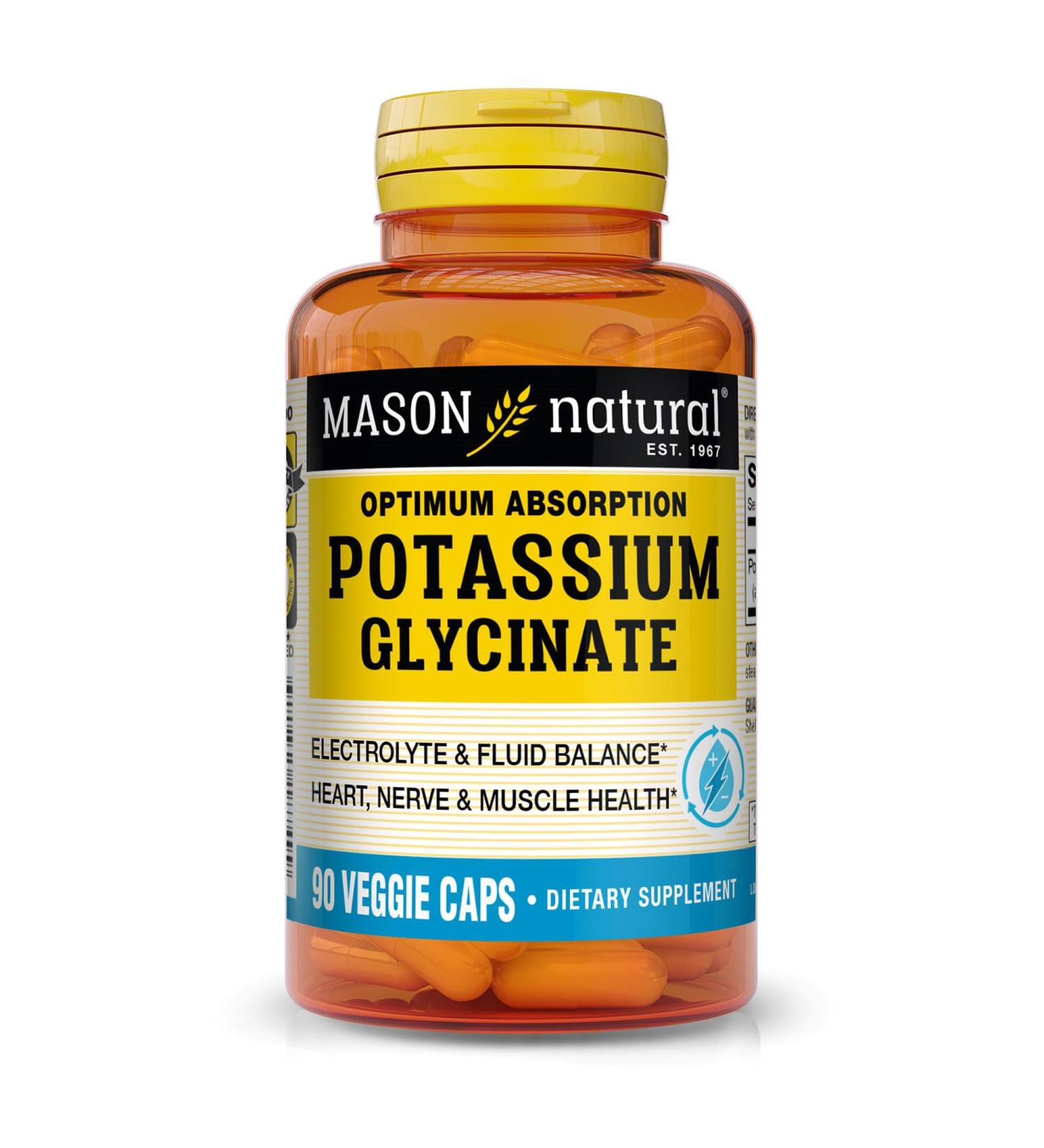 MASON NATURAL Optimum Absorption Potassium Glycinate Electrolyte Support Supplement 99 mg Potassium 90 Veggie Capsules - Buy Online on GoSupps.com