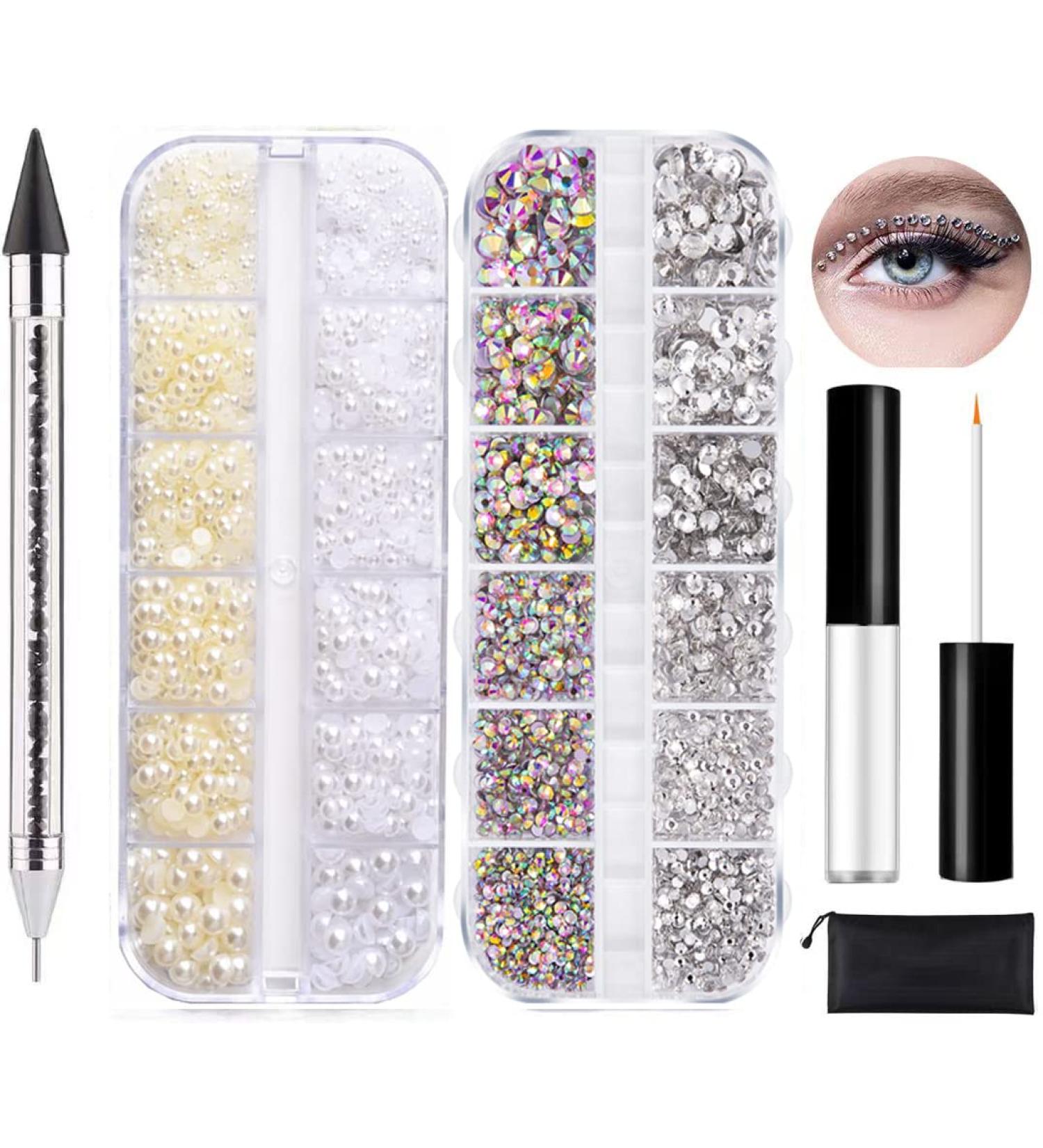Amaoz Rhinestone Jewel Pickup Tool - Makeup Glue Dual-Ended Picker Dotting Pen with Flat Back Gems, Pearls, and Round Rhinestones for Nails, Crafts, and Eye Makeup - 3500PCS SS4-16, L.Glue, Clear & Crystal AB, White - Buy Online on GoSupps.com