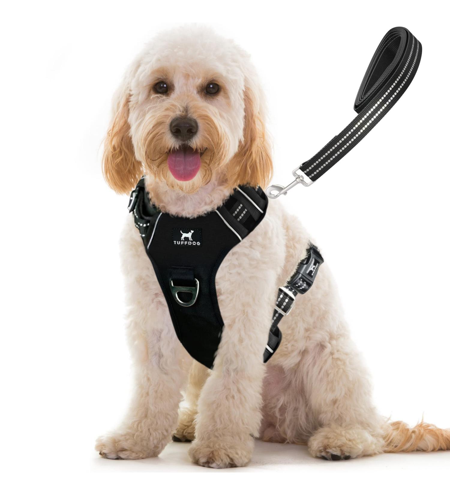 Medium TUFFDOG Easy-Fit Dog Harness - Premium Padded Reflective No Pull Vest with Control Handle and Matching Lead - Raven Black - Buy Online on GoSupps.com