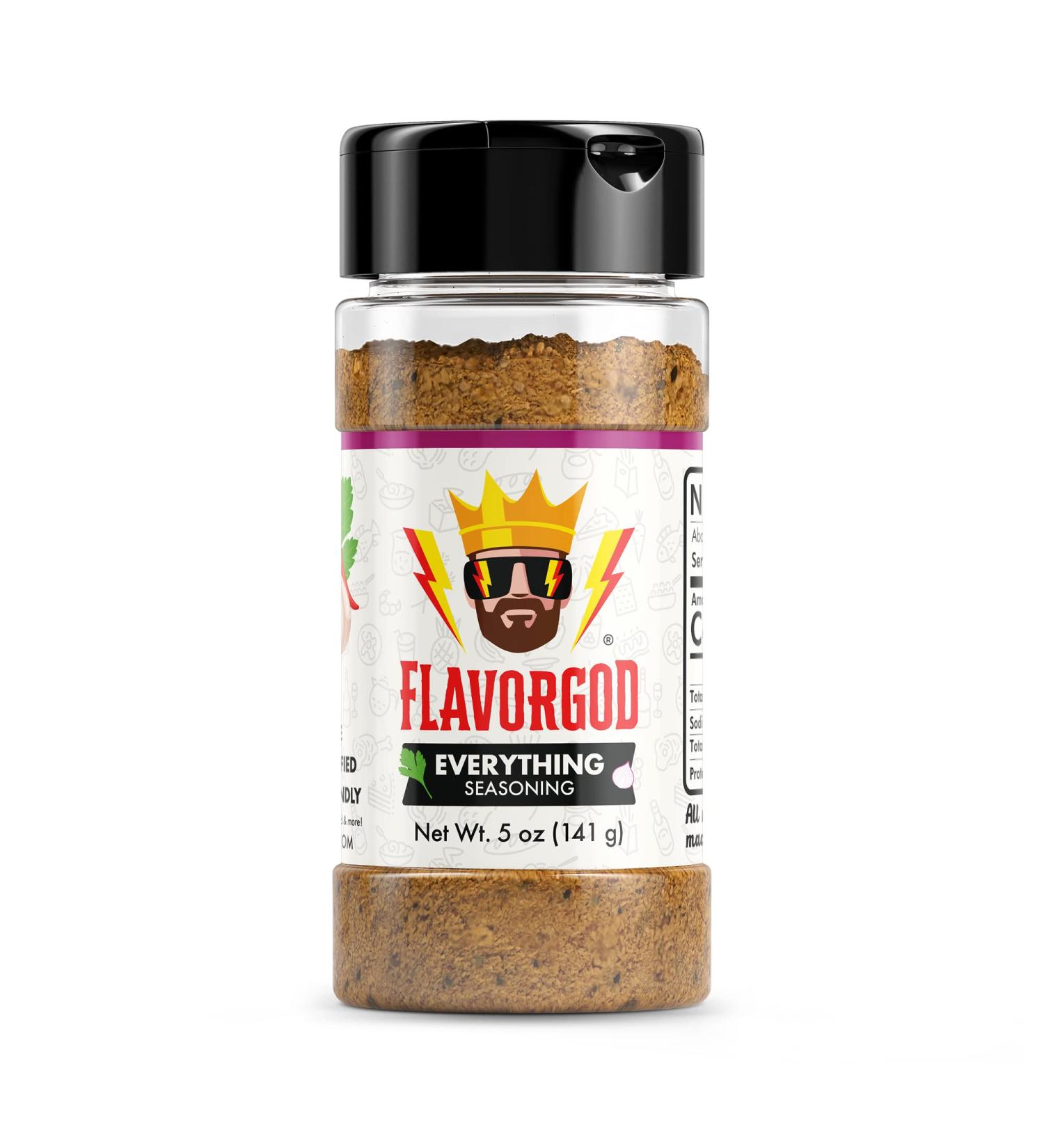Flavor God Everything Seasoning Mix - All-Natural Healthy Spice Blend for Beef, Chicken, Seafood, and Salad - Kosher, Low Sodium, Gluten-Free, Vegan, Keto Friendly - Buy Online on GoSupps.com