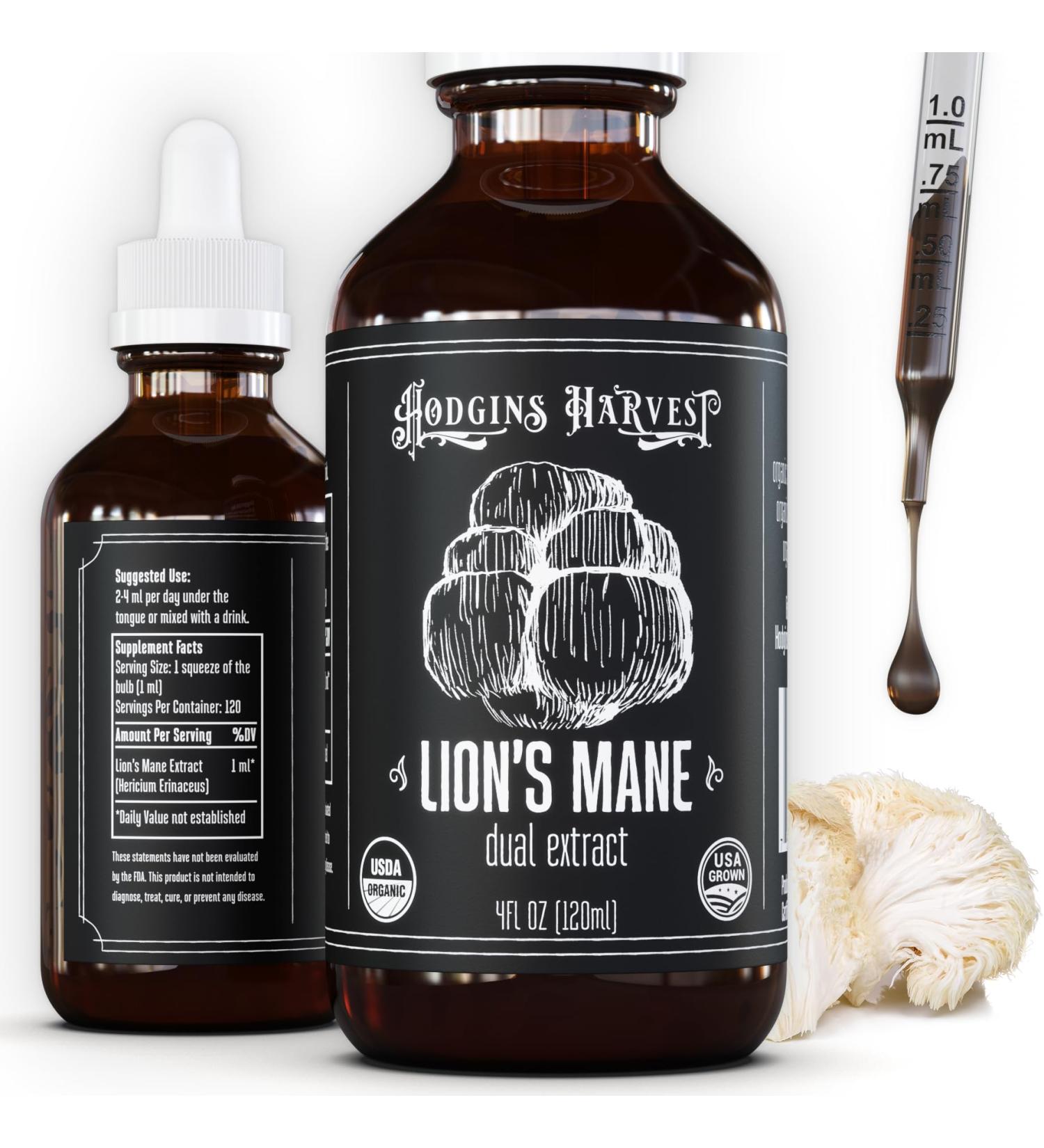 Hodgins Harvest Organic Lion's Mane Fruiting Body Extract Tincture - Mushroom Supplement for Brain Health and Mental Focus - Dual Extract Formula - Extra Concentrated - 4 fl oz Bottle Lion's Mane 4 Fl Oz (Pack of 1) - Buy Online on GoSupps.com