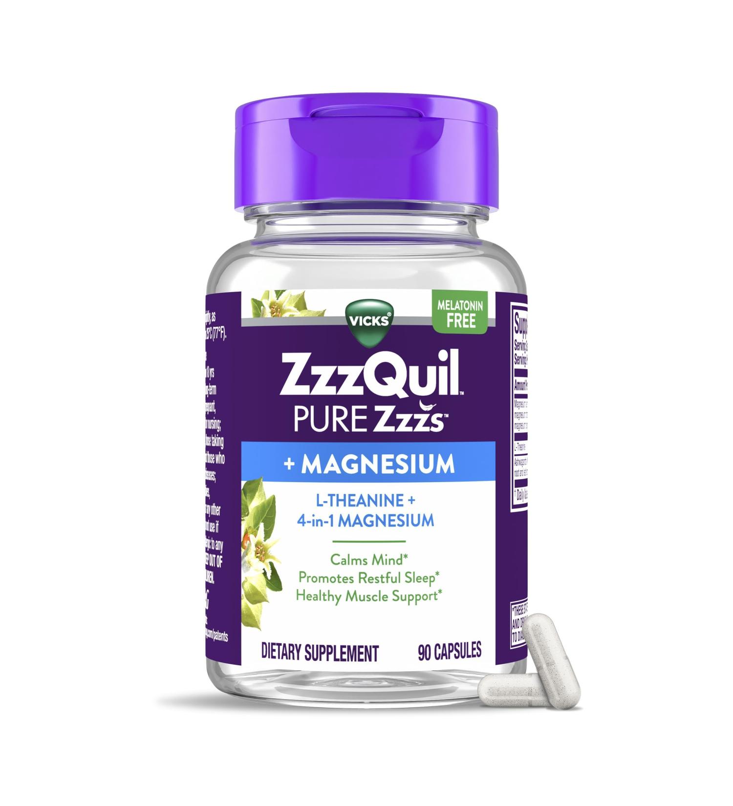 ZzzQuil Pure Zzzs +Magnesium Capsules L-Theanine and Magnesium Sleep Aid 4-in-1 Magnesium: Citrate Bisglycinate Oxide and Carbonate Sleep Aids for Adults 90 Sleep Capsules - Buy Online on GoSupps.com