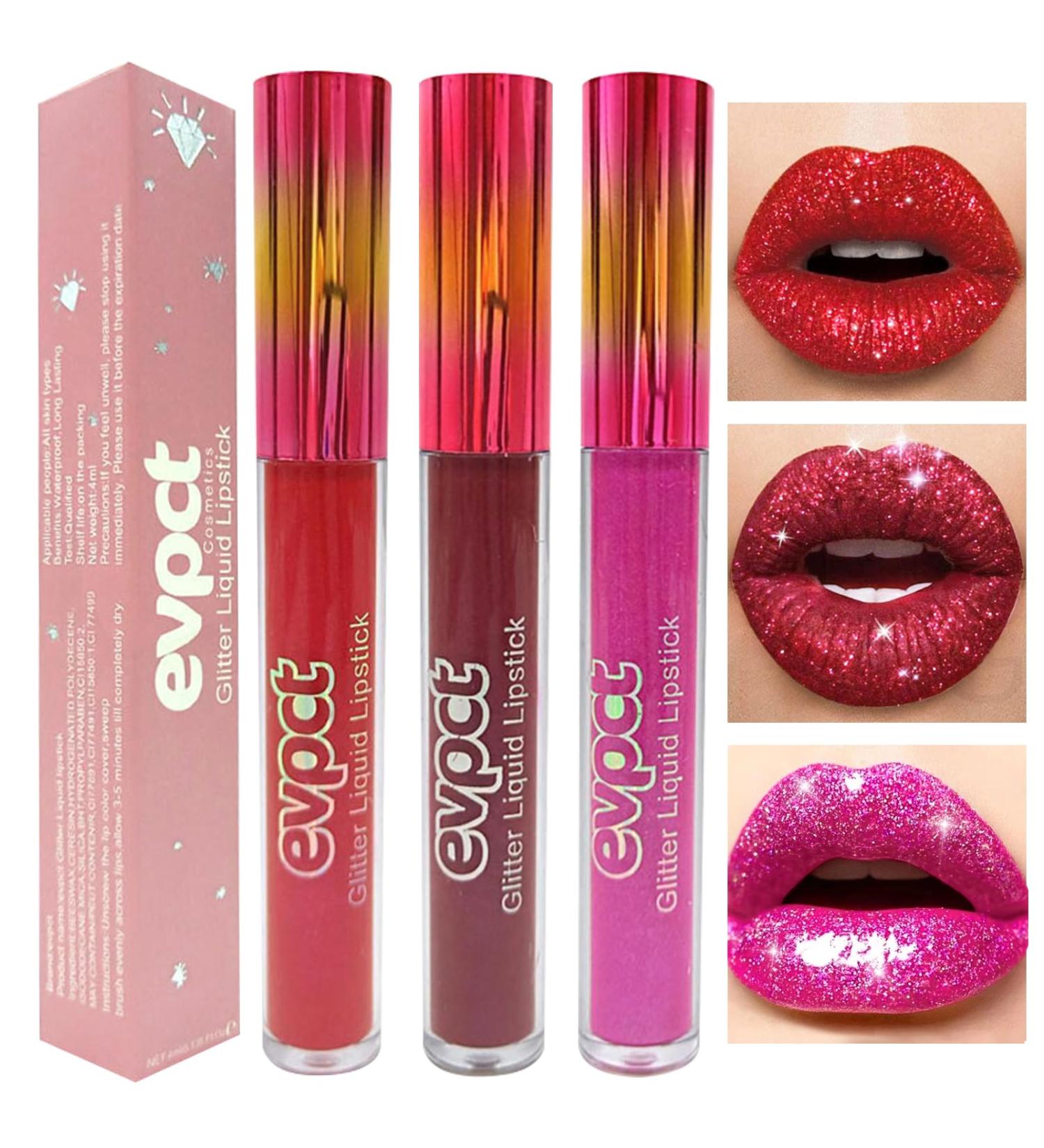  Likesing Set of 3 glitter lipsticks - 24-hour wear - Matte - Long-lasting - Pink - Lip balm - Makeup for women - Birthday gift - Buy Online on GoSupps.com