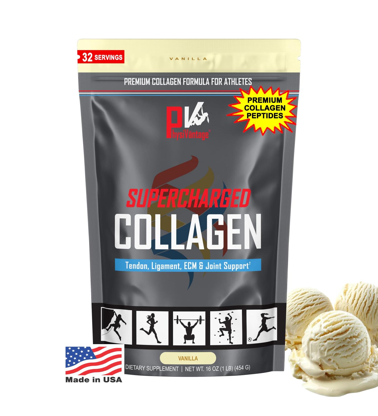 PhysiVantage Supercharged Collagen Peptides Powder - Hydrolyzed Collagen for Joint, Tendon, Ligament, & Skin Health Support - Vanilla, Keto, Paleo, 16oz | Enhanced with Vitamin C, BCAAs, Grass-Fed - Buy Online on GoSupps.com