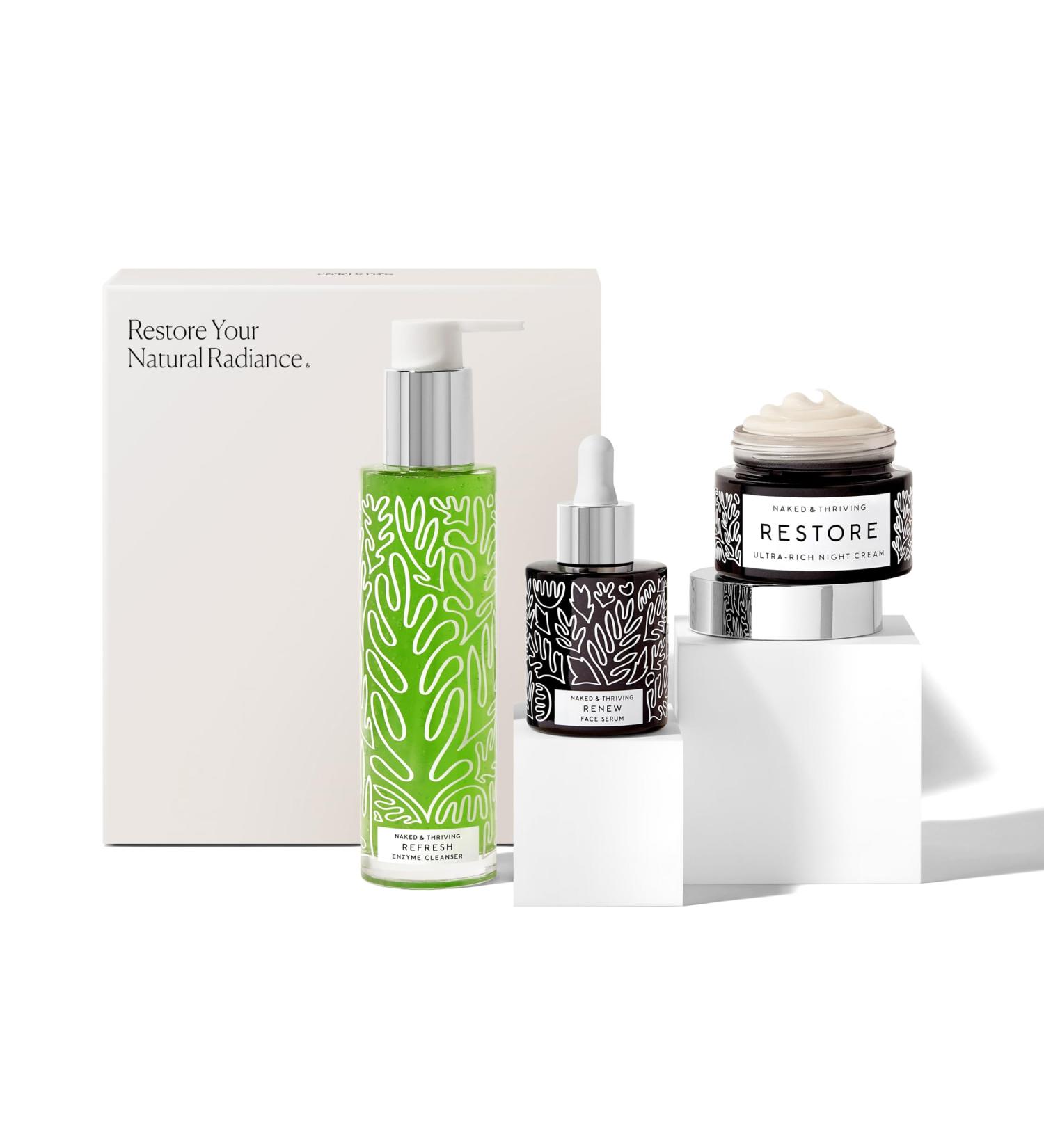 Naked & Thriving The Advanced Renewal Routine | Restore Ultra-Rich Night Cream (50g) + Refresh Gentle Enzyme Cleanser (120ml) + Renew Resurfacing Night Serum (30ml) (Set of 3) - Buy Online on GoSupps.com