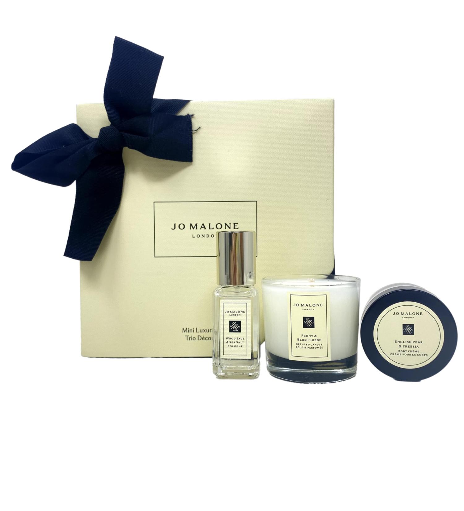 Jo Malone London Mini Luxuries Trio Gift Set - Wood Sage & Sea Salt Cologne - English Pear & Freesia Body Creme - Peony & Blush Suede Candle - Travel Size - Buy Online on GoSupps.com