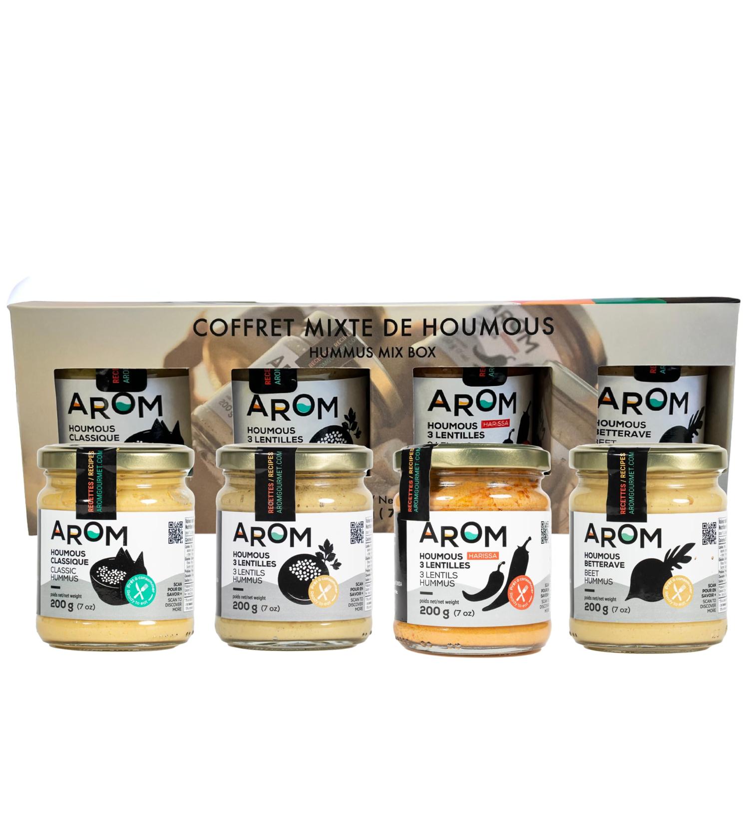 AROM Hummus Mix Box 4 Jars of 200g Classic Chickpea Hummus Beet Hummus with Chickpeas 3 Lentils Hummus Spicy 3 Lentils with Harissa Vegan Gluten-Free Non-GMO 100% Natural Made in Tunisia 4 Pack Variety - Buy Online on GoSupps.com