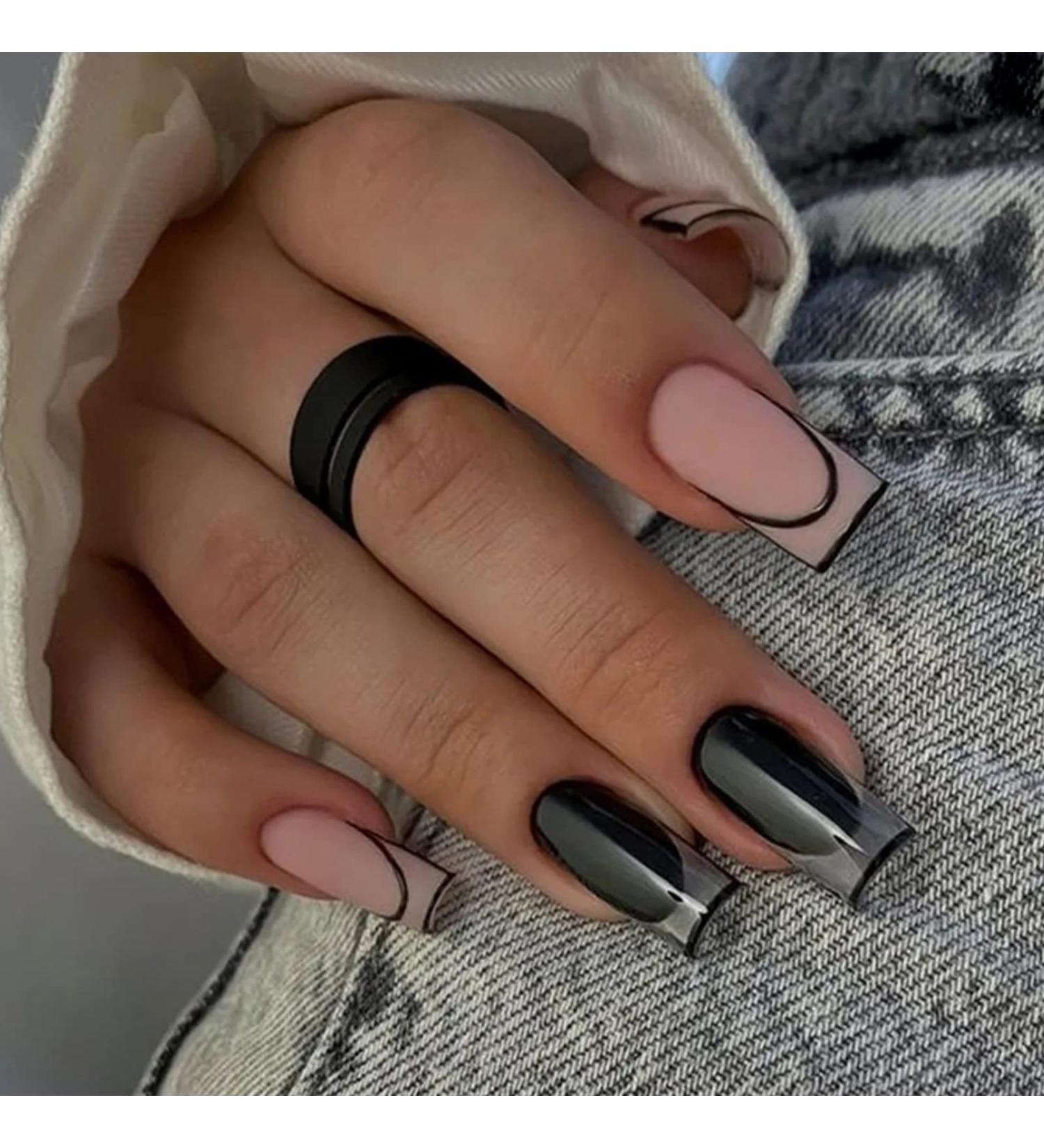Ceboic 24Pcs Square False Nails Medium Black Pink French Press on Nails | Nude Removable Glue Stickers | Ballerina Acrylic Full Cover Stick on Nails for Women and Girls - Black & Pink - Buy Online on GoSupps.com