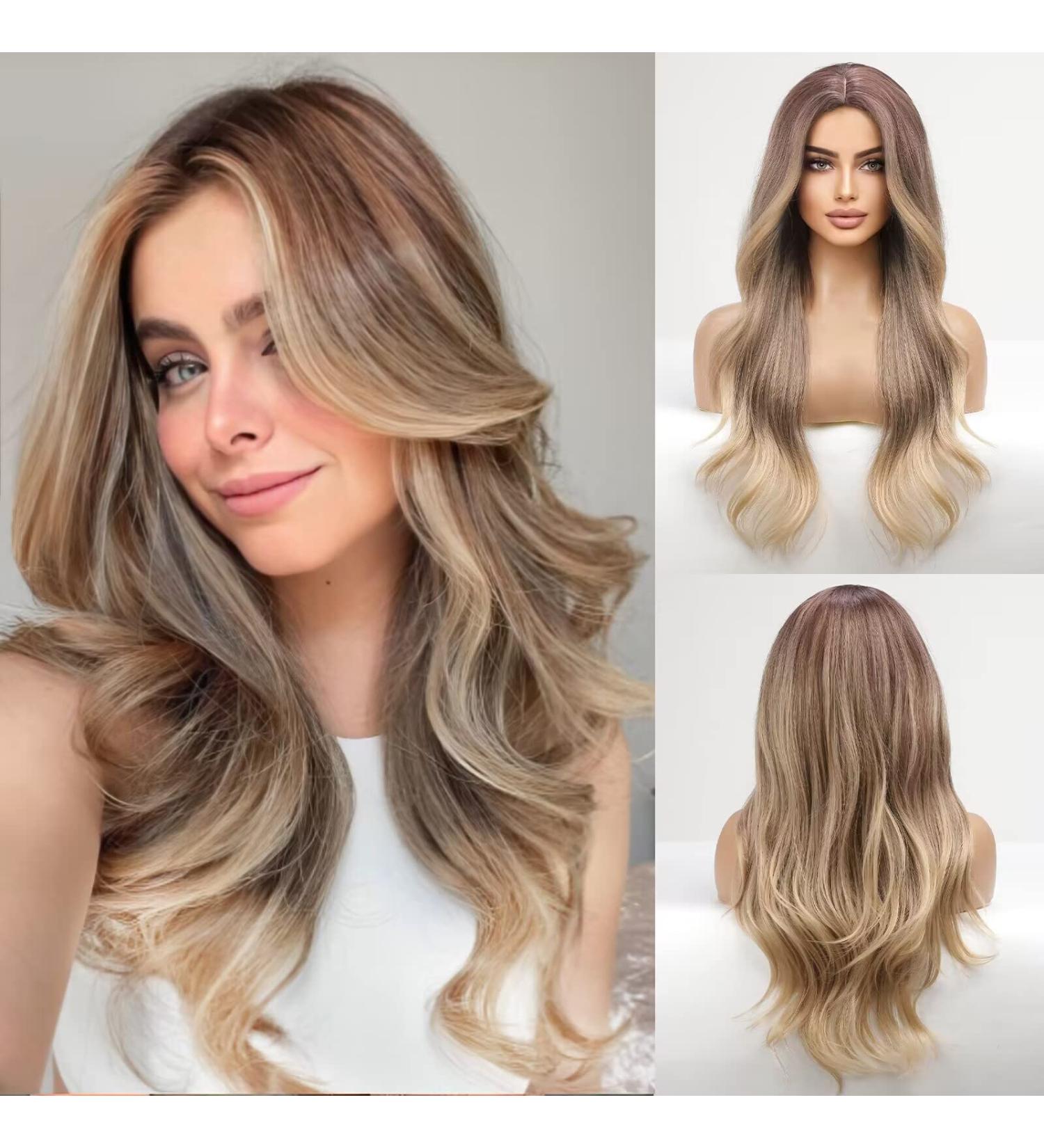 HAIRCUBE Long Brown Wavy Wig for Women - Synthetic Ombre Hair with Highlights and Middle Parting - Buy Online on GoSupps.com