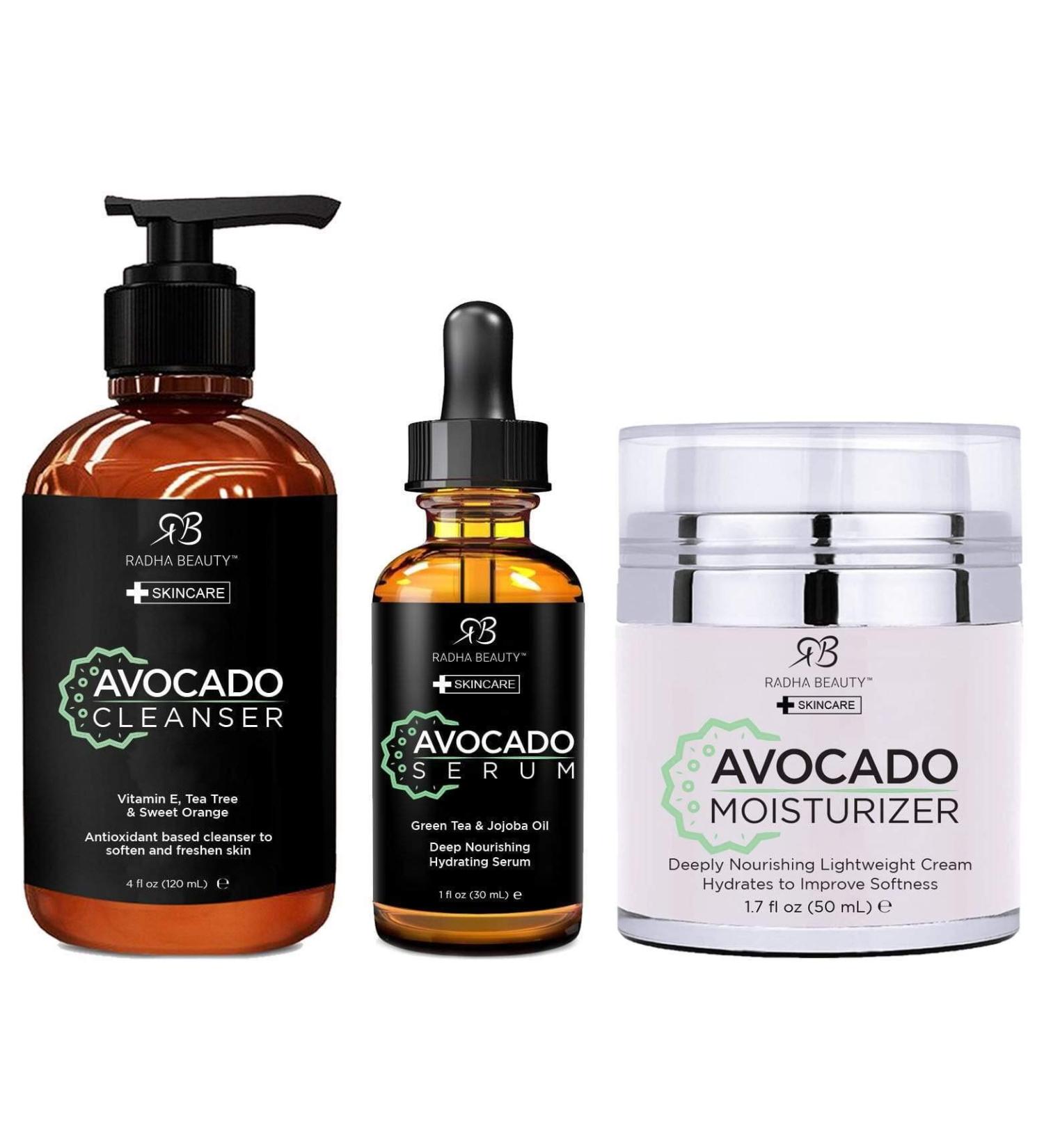 Radha Beauty Avocado Complete Facial Care Kit - 3-in-1 Anti-Aging Cleanser Serum & Moisturizer for Wrinkles & Dark Spots | Day & Night Brightening Skincare Gift Set - Buy Online on GoSupps.com