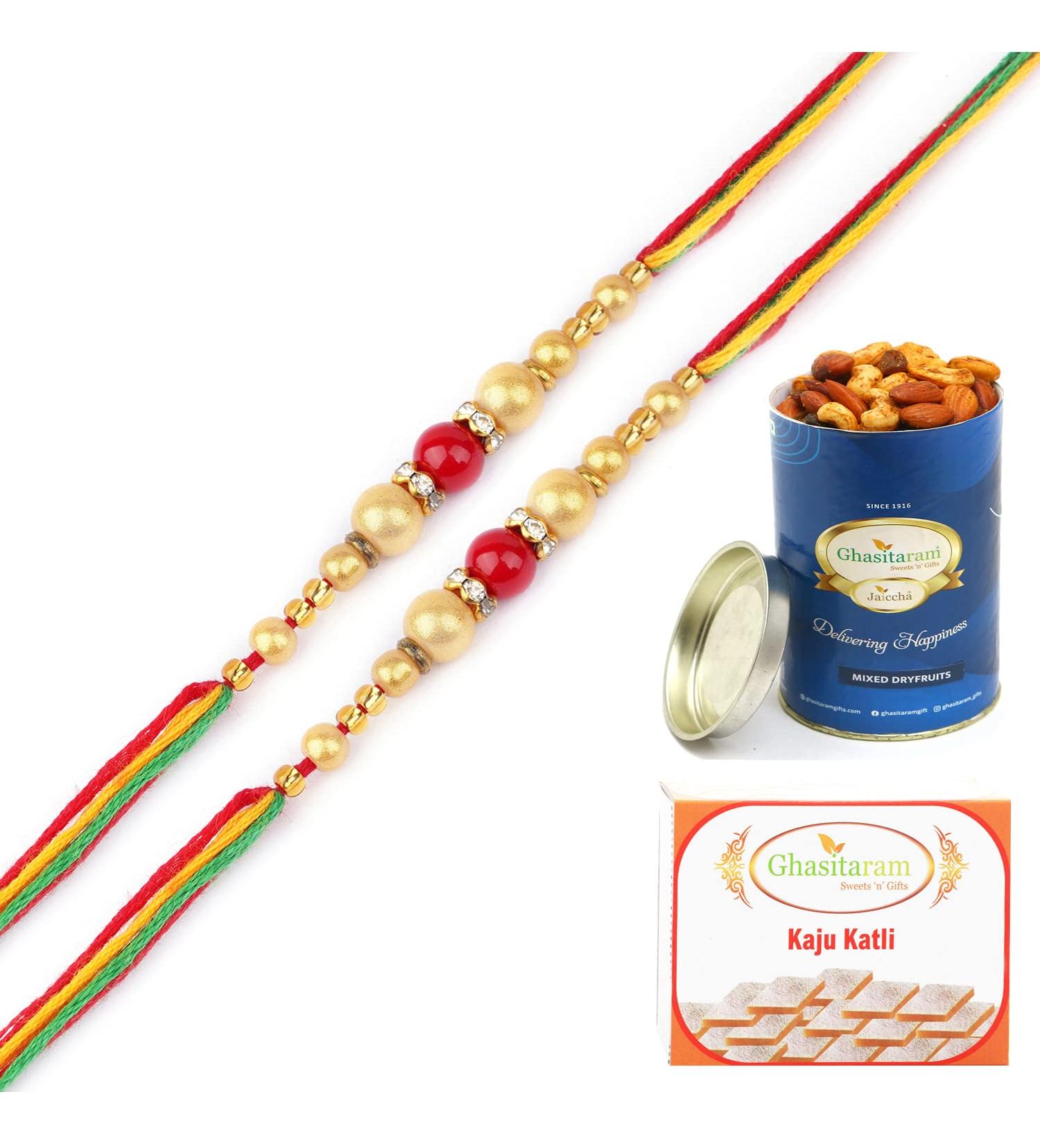 Ghasitaram Gifts Rakhi for Brother Rakhis Online - Set of 2 - Nbh242 Fancy Thread Rakhi with 100 GMS of Dryfruits Mix Can 200 GMS of Kaju katli 2 Rakhi & 100g Dryfruits Mix Can 200g Kaju katli - Buy Online on GoSupps.com