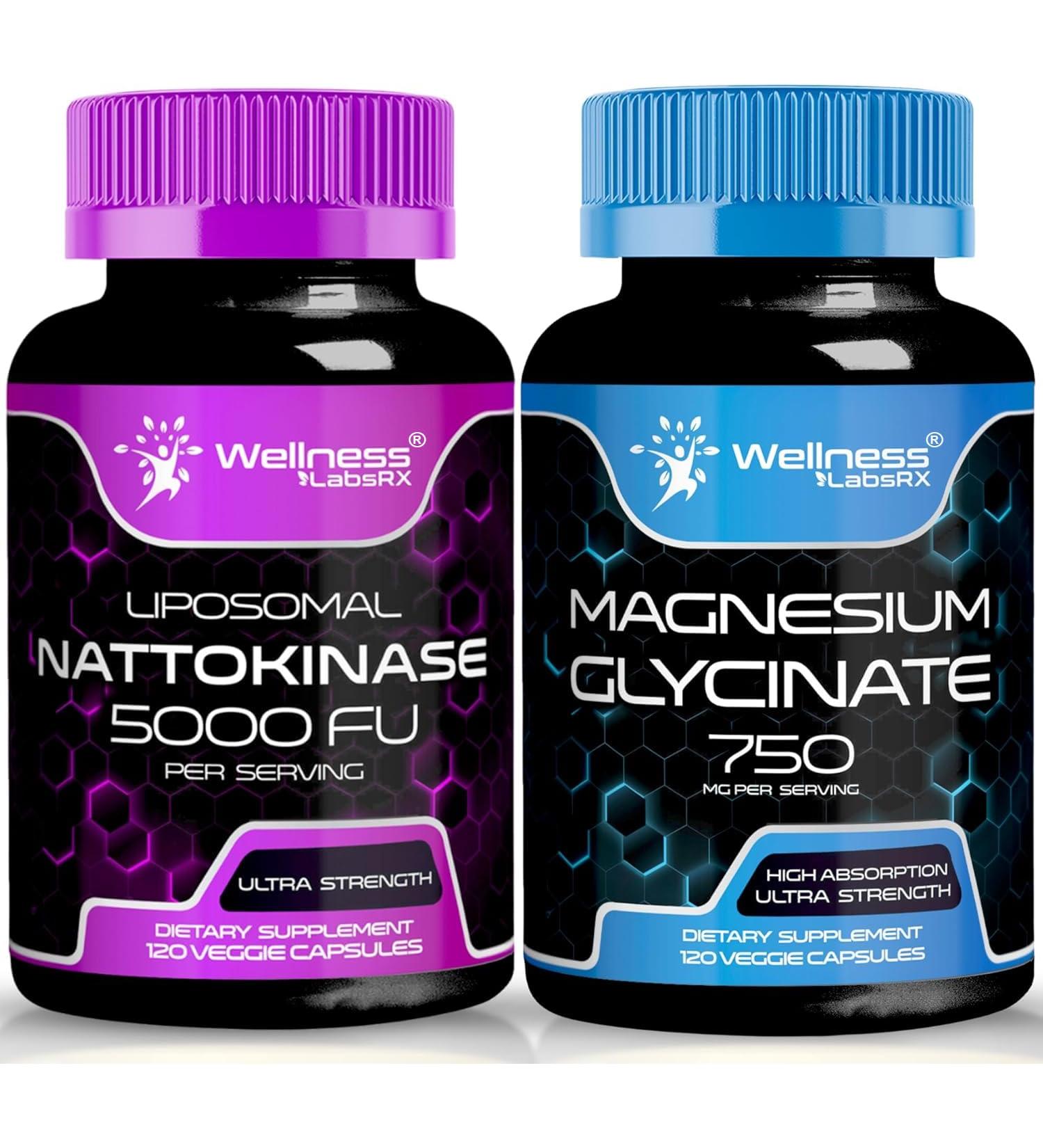 WELLNESS LABSRX Nattokinase Supplement Capsules - 5000 FU - Magnesium Glycinate Capsules 750 MG