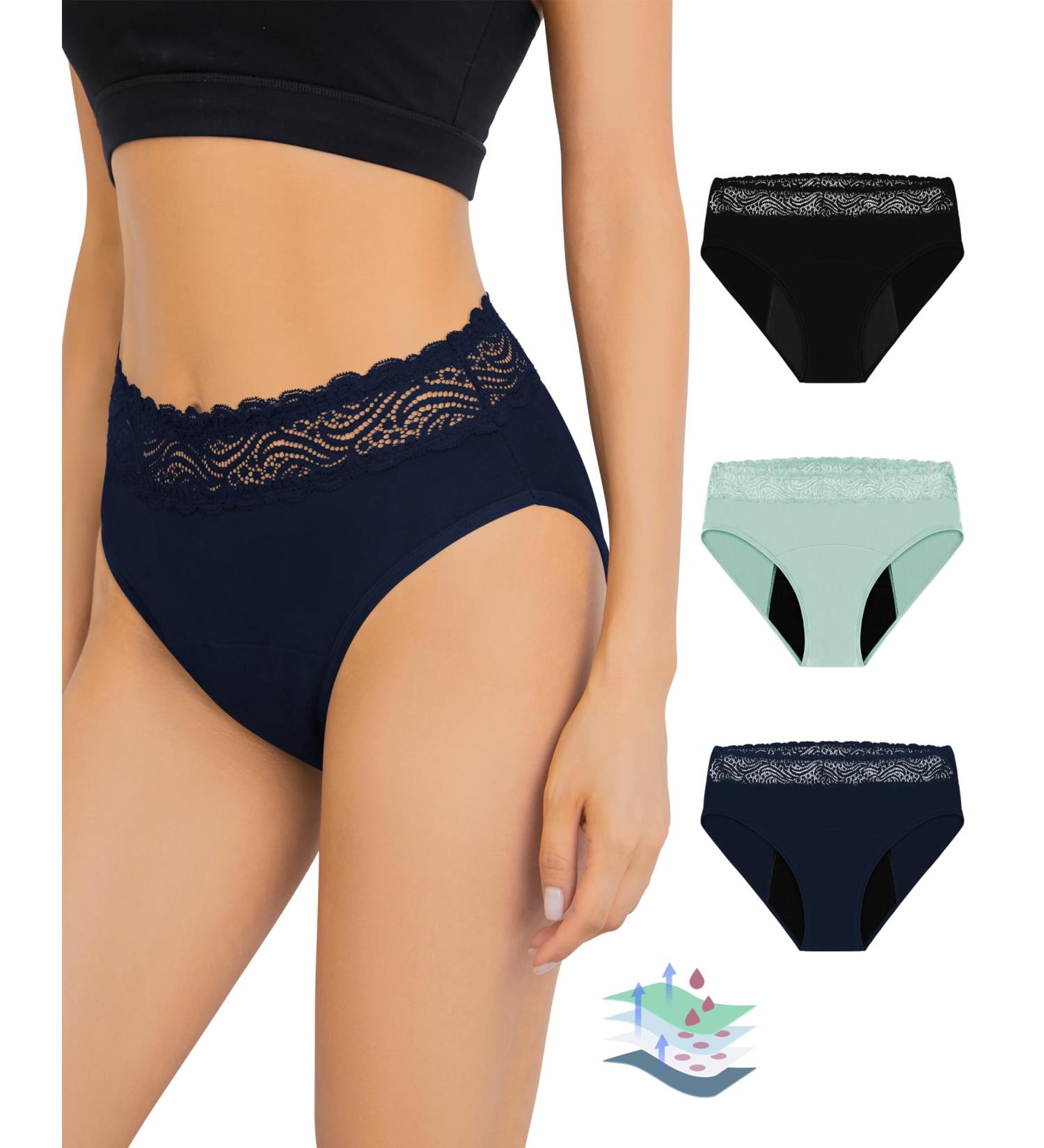 Leovqn Lace Trim Period Pants for Women | Heavy Flow Menstrual Underwear Leakproof Postpartum Briefs | S Black/Navy/Mint Green - Buy Online on GoSupps.com