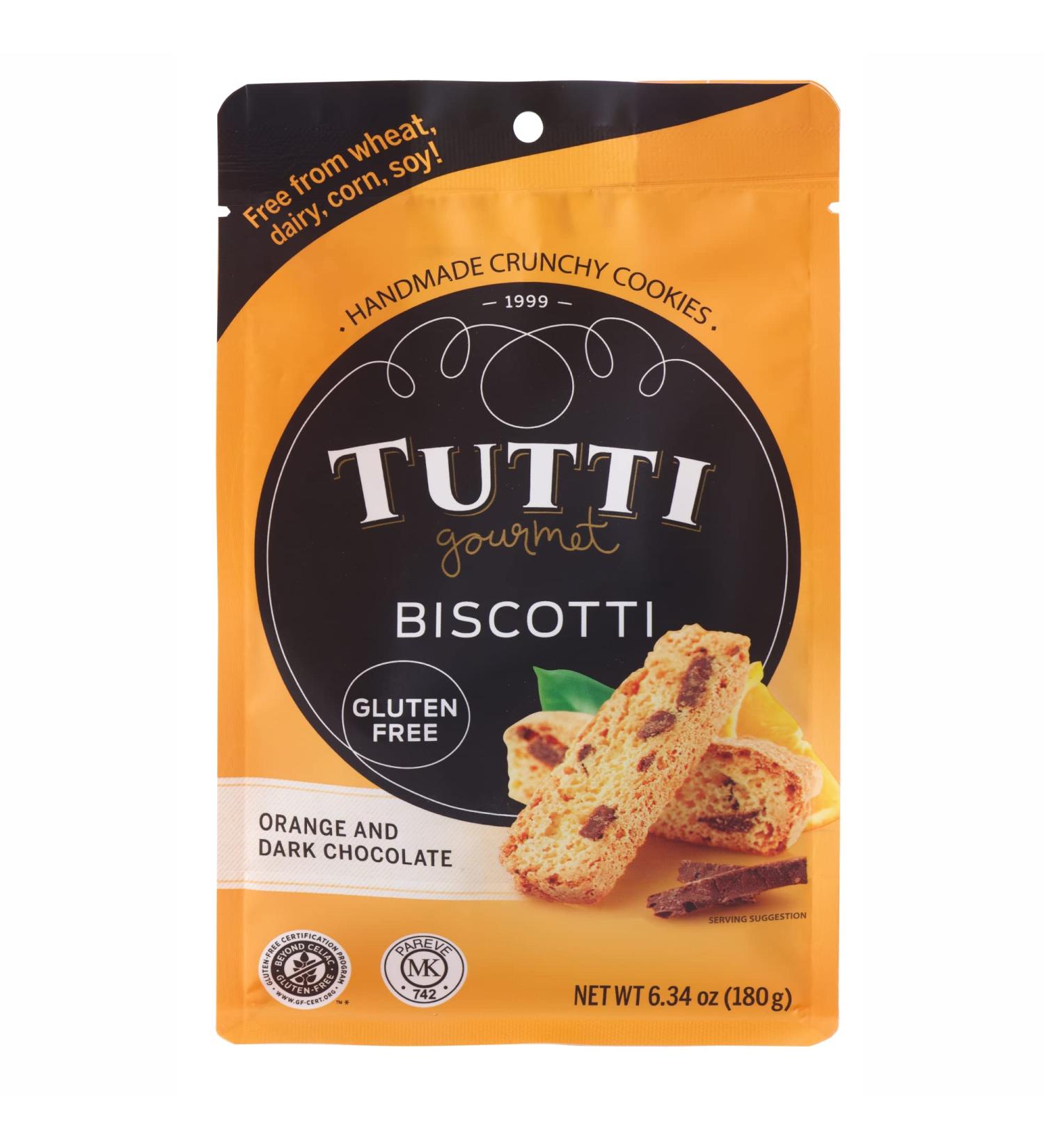 Tutti Gourmet Gluten Free Biscotti Cookie - Orange & Dark Chocolate - 6 x 6.34 oz bags - Allergen Friendly Snack - Dairy, Soy, Corn, Wheat Free - Buy Online on GoSupps.com