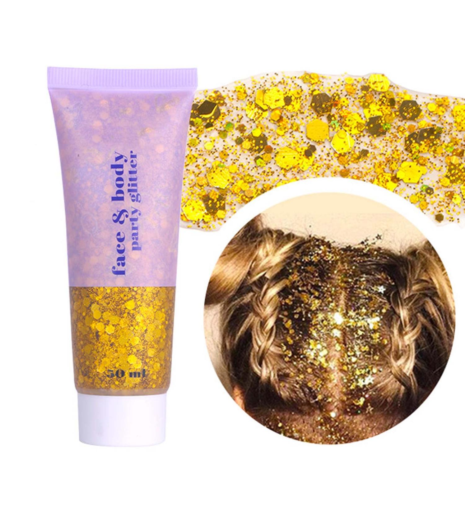DAGEDA Body Glitter Gel 50ml (Gold) - Holographic Festival Makeup for Face, Hair, Nails - Liquid Eyeshadow & Chunky Glitter Sequins - Buy Online on GoSupps.com