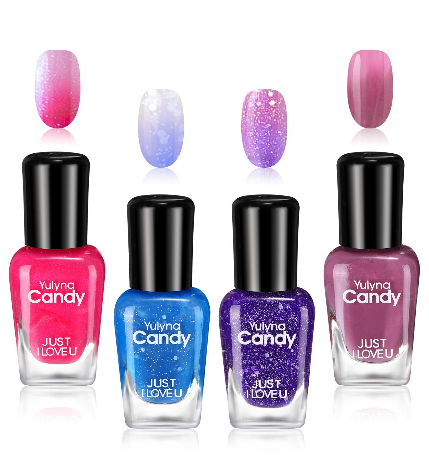 Colorful Gel Nail Polish Set Long Lasting Glossy Quick Dry Glitter Nail Polis Glitter Pink Blue Purple Mood Temperature Color Changing Nnail Varnish Set for DIY Manicure-Without Use UV Lamp  - Buy Online on GoSupps.com