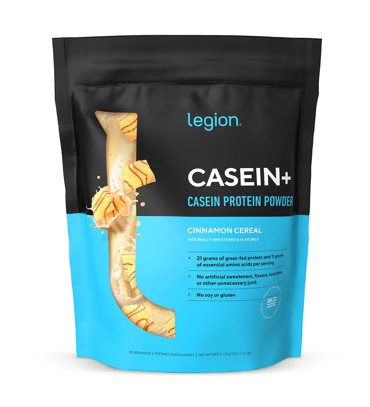 LEGION Casein+ Casein Protein Powder (Cinnamon Cereal) - Slow-Release Micellar Protein Powder - Non-GMO Gluten-Free & Naturally Sweetened Powder from Grass-Fed Cows - Buy Online on GoSupps.com