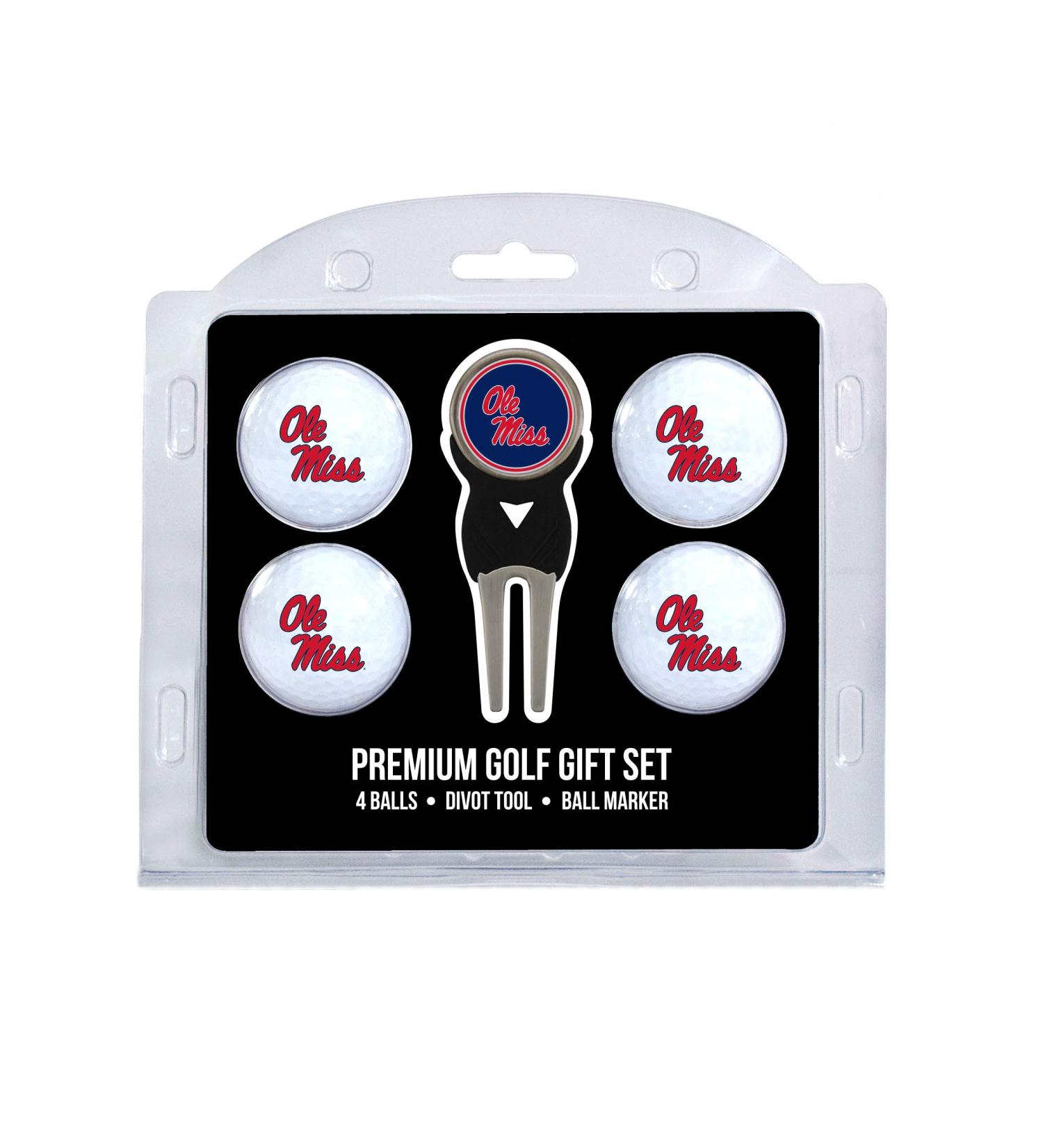 Team Golf NCAA Ole Miss Rebels 4 golf ball and pitch fork set regular size golf balls (4 pieces) & pitch fork with removable double -sided magnetic marker