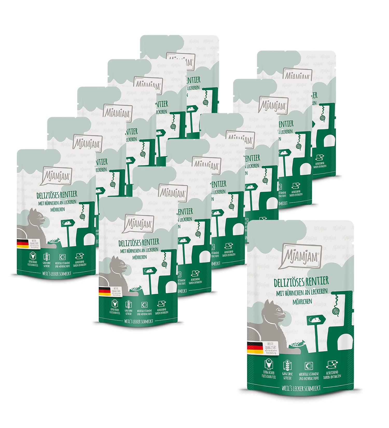 Mjamjam Premium Grain-Free Wet Cat Food - Delicious Reindeer & Chicken in Carrot (12 x 125g) - Extra Meat Pack - Buy Online on GoSupps.com