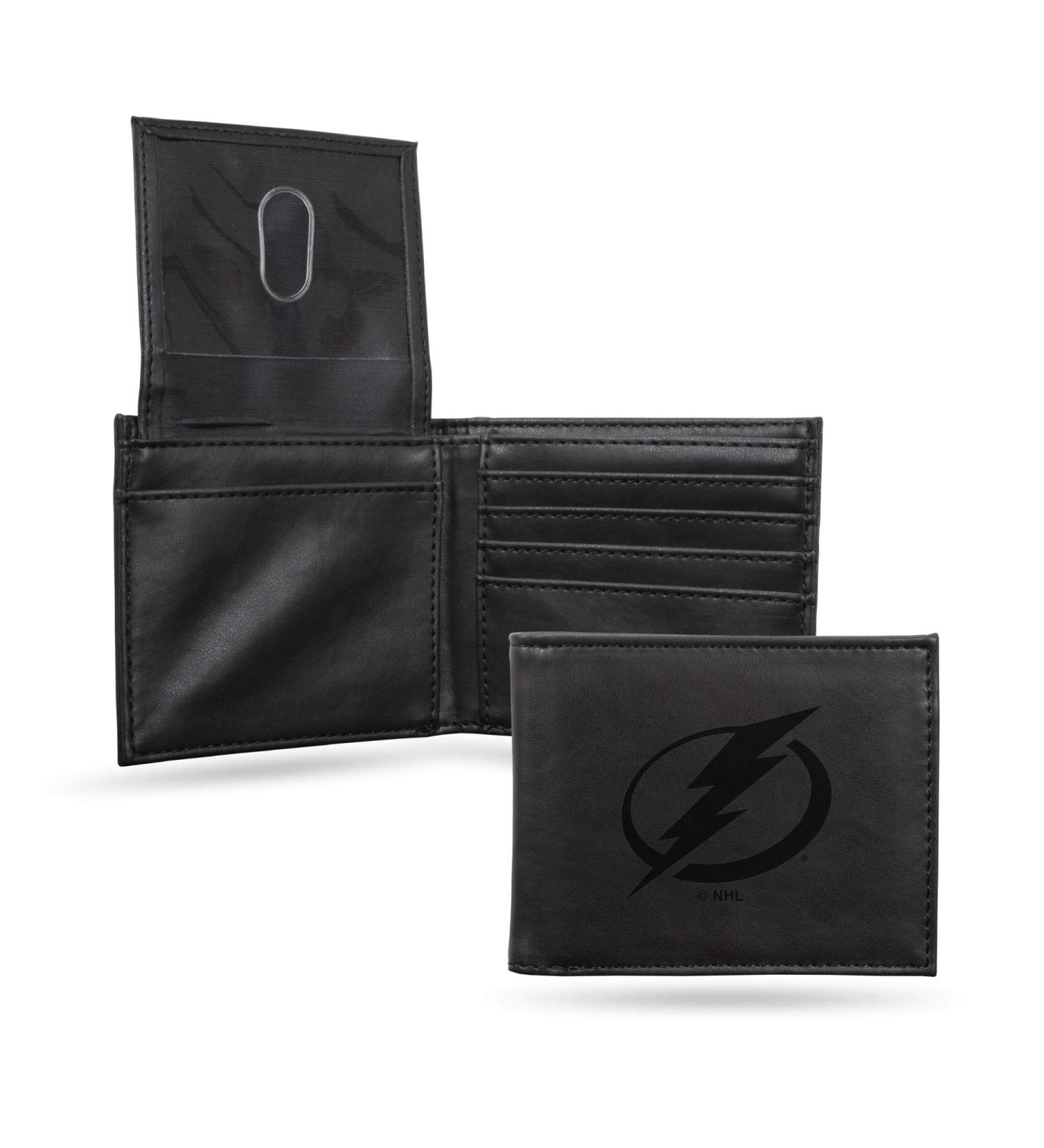 Rico Industries NHL Laser Engraved Billfold Wallet Laser Engraved Bill-fold Wallet - Slim Design - Great Gift Tampa Bay Lightning Black