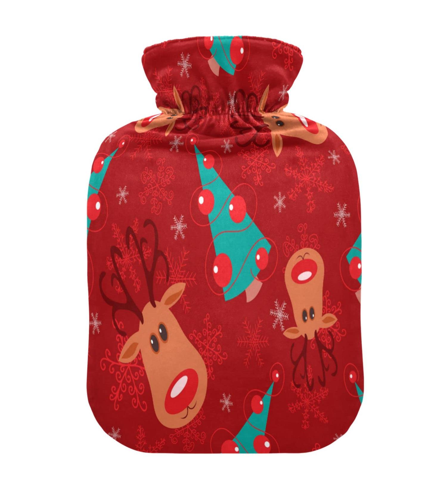Christmas Tree Moose & Snowflakes Red Hot Water Bottle - 2L Fleece Cover for Warm & Cold Compresses | International Shipping - Buy Online on GoSupps.com