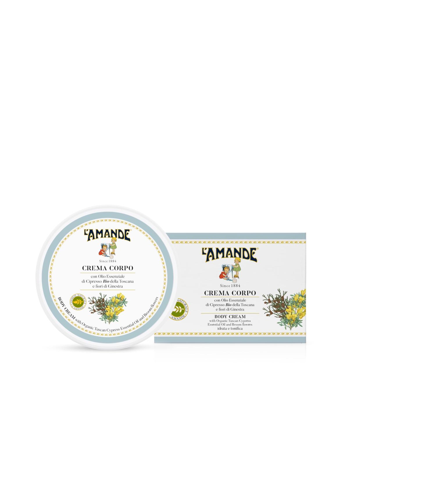 L'Amande ALMOND - Scented body cream with hyaluronic acid vitamin E organic cypress essential oil antioxidant and softening - Moisturizing and delicate body cream for soft skin and